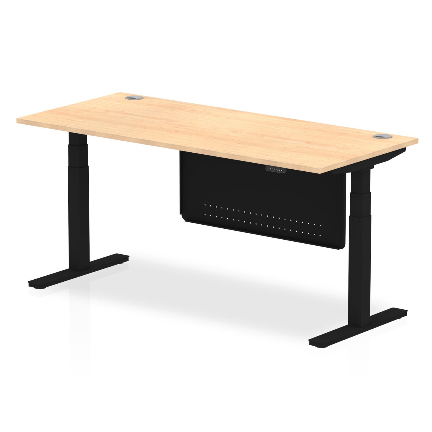 Air Modesty 1800 x 800mm Height Adjustable Office Desk Maple Top Cable Ports Black Leg With Black Steel Modesty Panel