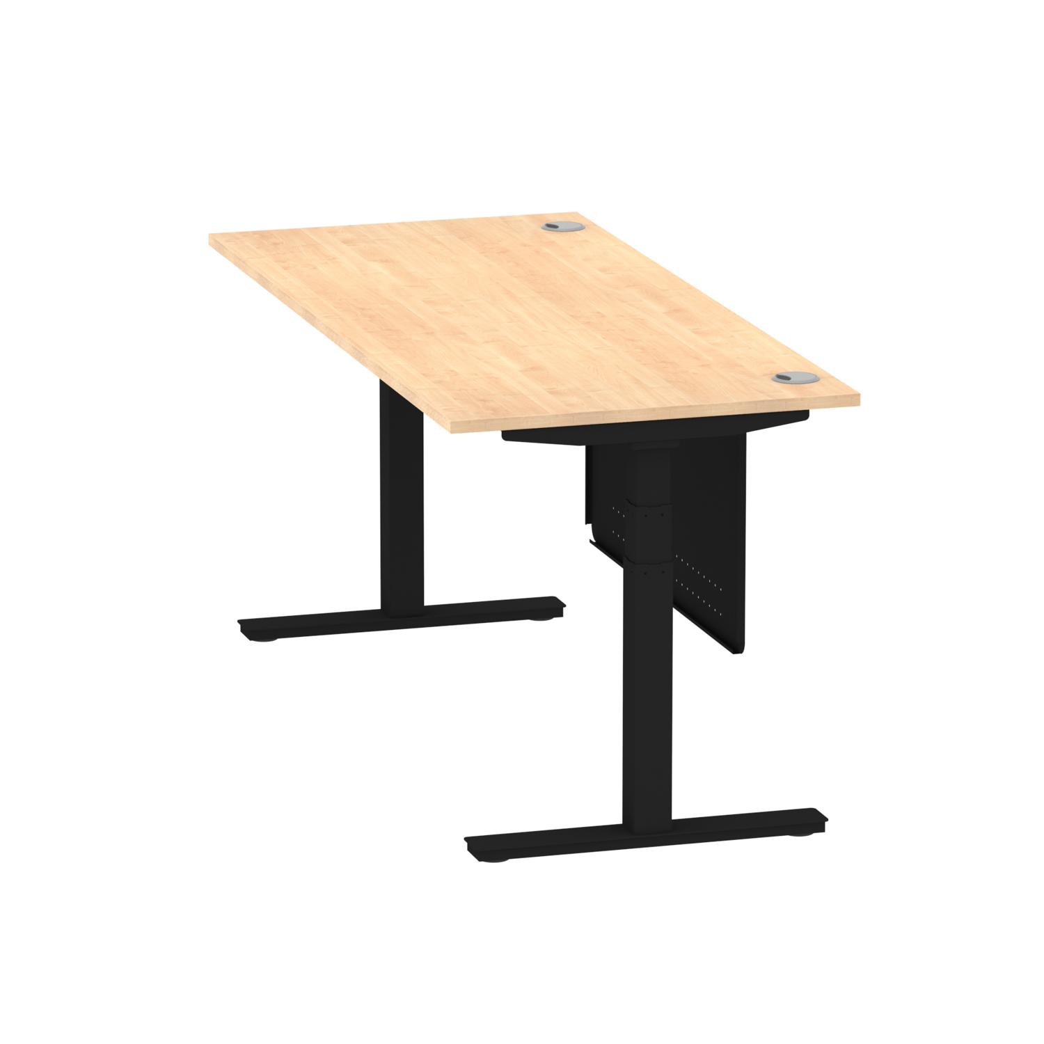 Air Modesty 1800 x 800mm Height Adjustable Office Desk Maple Top Cable Ports Black Leg With Black Steel Modesty Panel