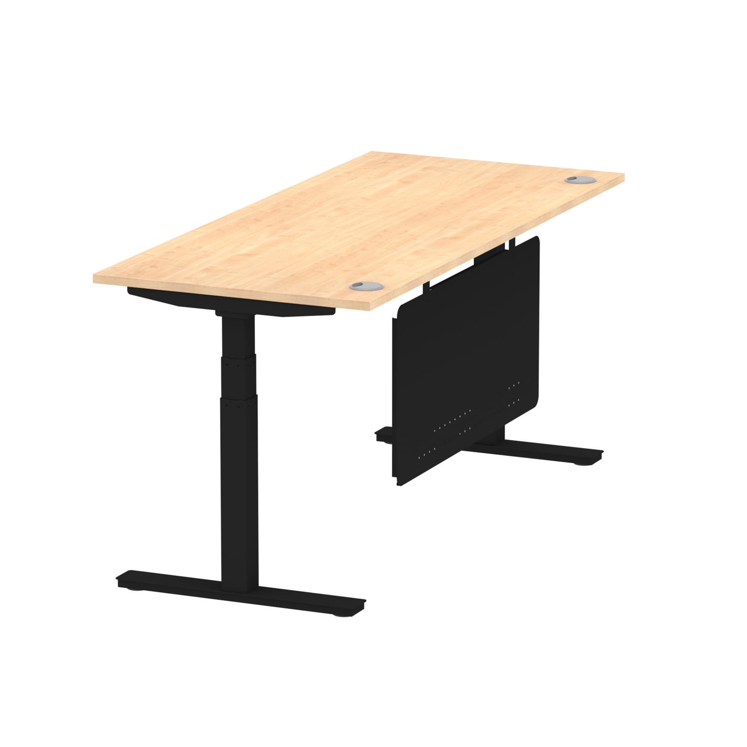 Air Modesty 1800 x 800mm Height Adjustable Office Desk Maple Top Cable Ports Black Leg With Black Steel Modesty Panel