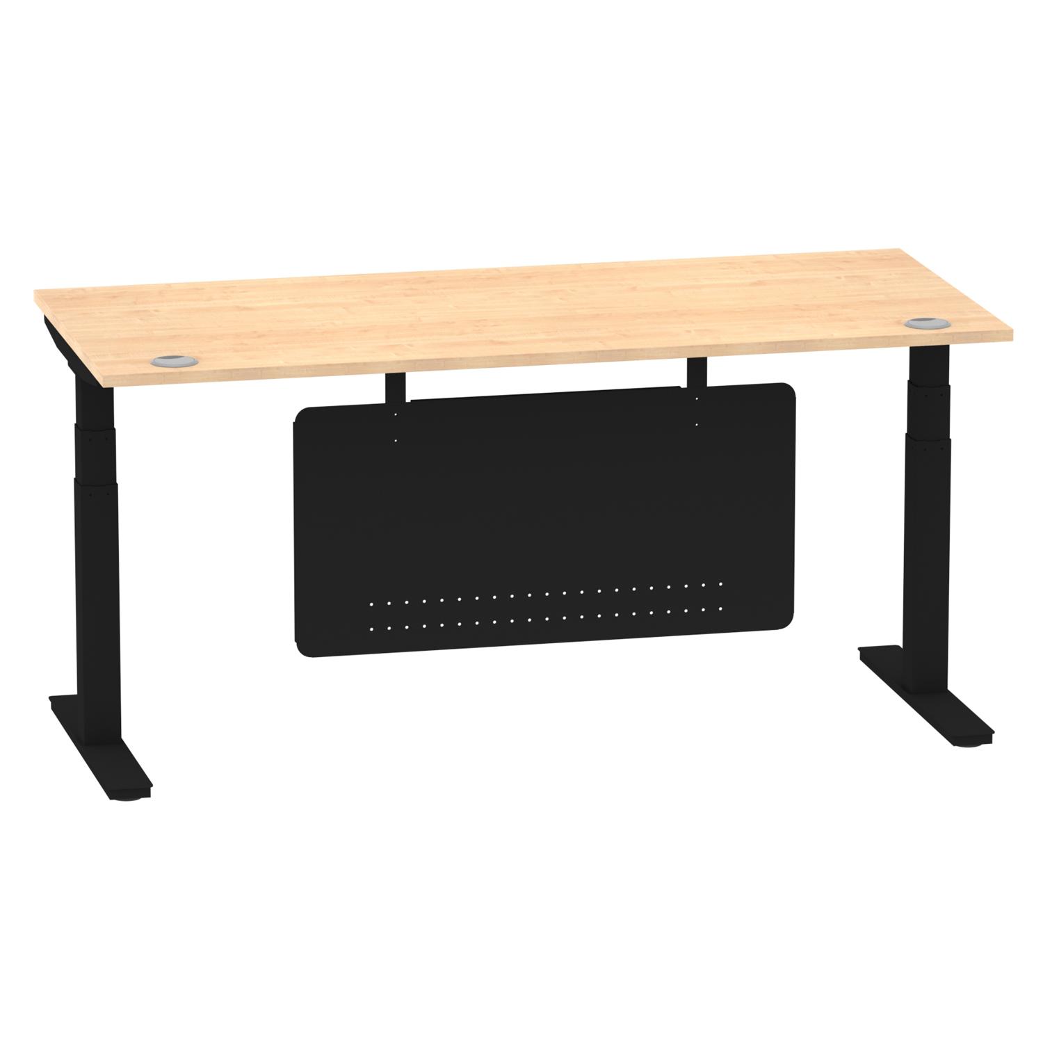 Air Modesty 1800 x 800mm Height Adjustable Office Desk Maple Top Cable Ports Black Leg With Black Steel Modesty Panel