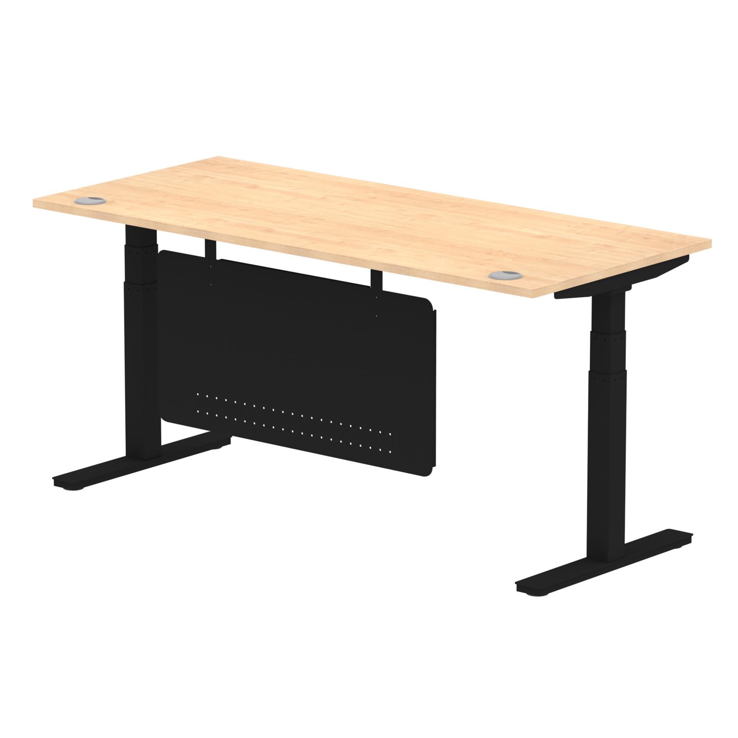 Air Modesty 1800 x 800mm Height Adjustable Office Desk Maple Top Cable Ports Black Leg With Black Steel Modesty Panel