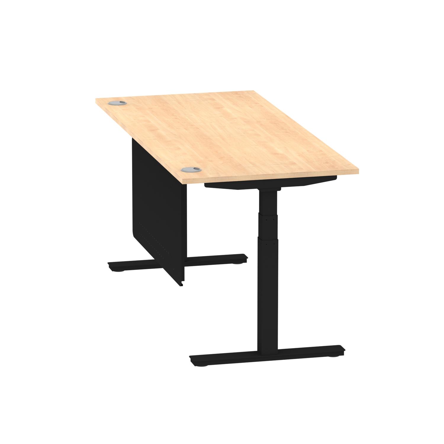 Air Modesty 1800 x 800mm Height Adjustable Office Desk Maple Top Cable Ports Black Leg With Black Steel Modesty Panel