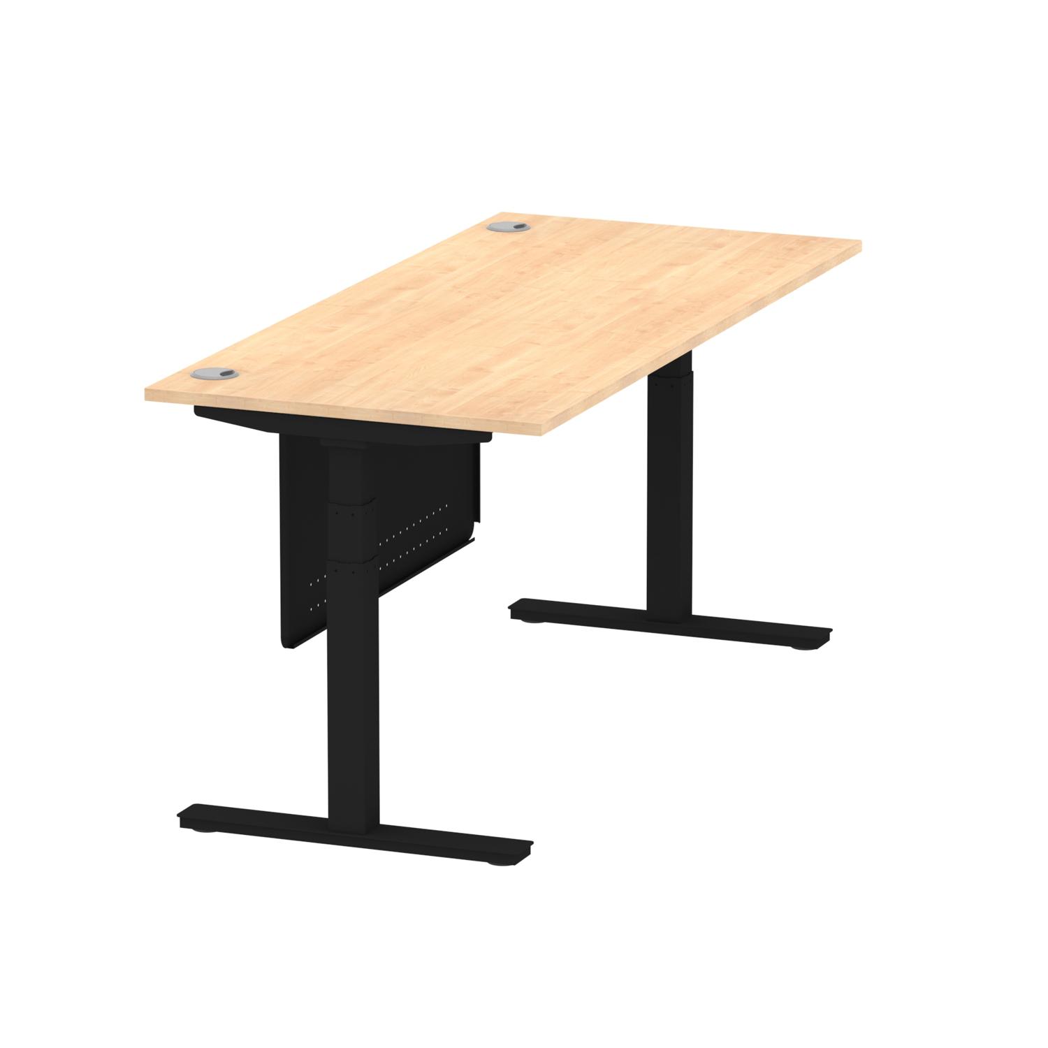Air Modesty 1800 x 800mm Height Adjustable Office Desk Maple Top Cable Ports Black Leg With Black Steel Modesty Panel