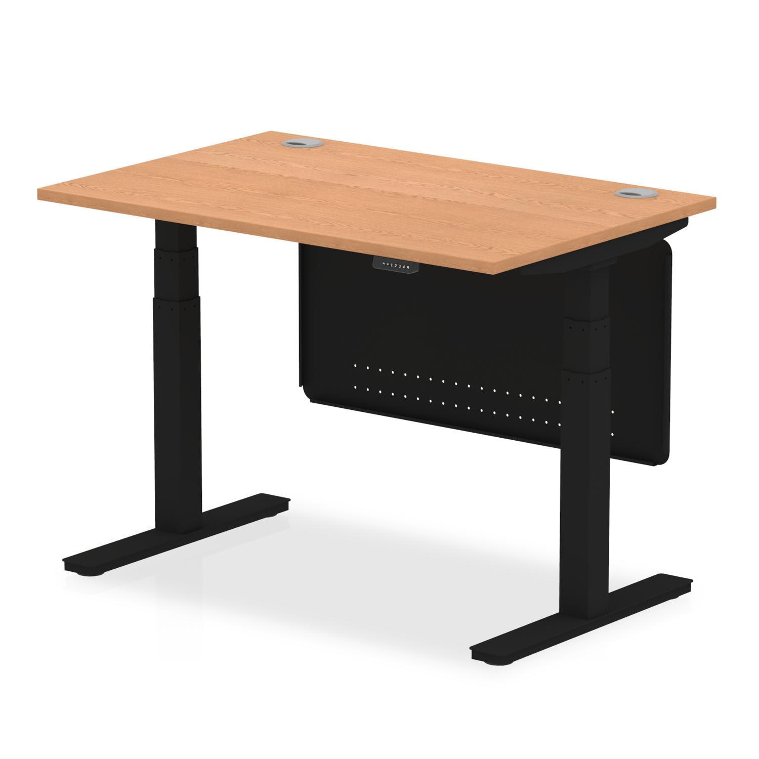 Air Modesty 1200 x 800mm Height Adjustable Office Desk Oak Top Cable Ports Black Leg With Black Steel Modesty Panel