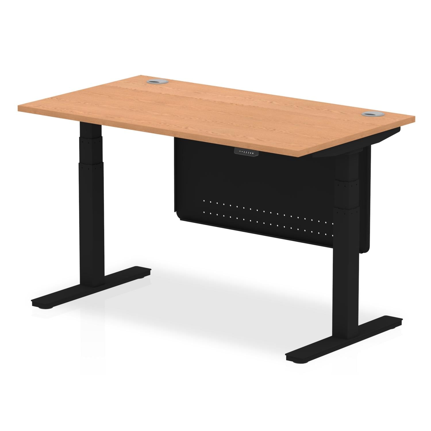 Air Modesty 1400 x 800mm Height Adjustable Office Desk Oak Top Cable Ports Black Leg With Black Steel Modesty Panel