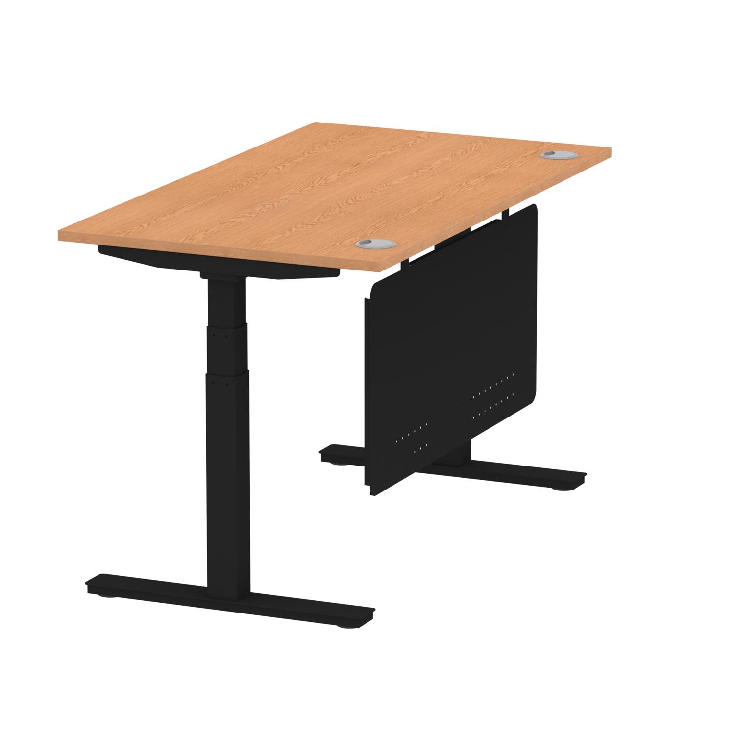 Air Modesty 1400 x 800mm Height Adjustable Office Desk Oak Top Cable Ports Black Leg With Black Steel Modesty Panel