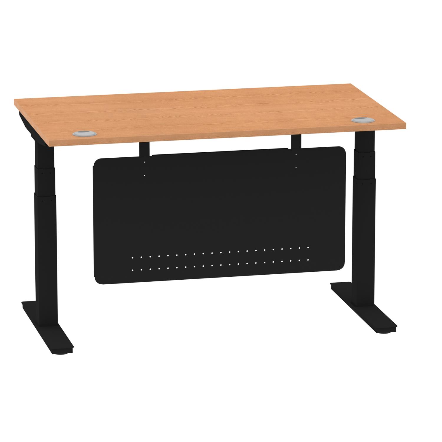 Air Modesty 1400 x 800mm Height Adjustable Office Desk Oak Top Cable Ports Black Leg With Black Steel Modesty Panel