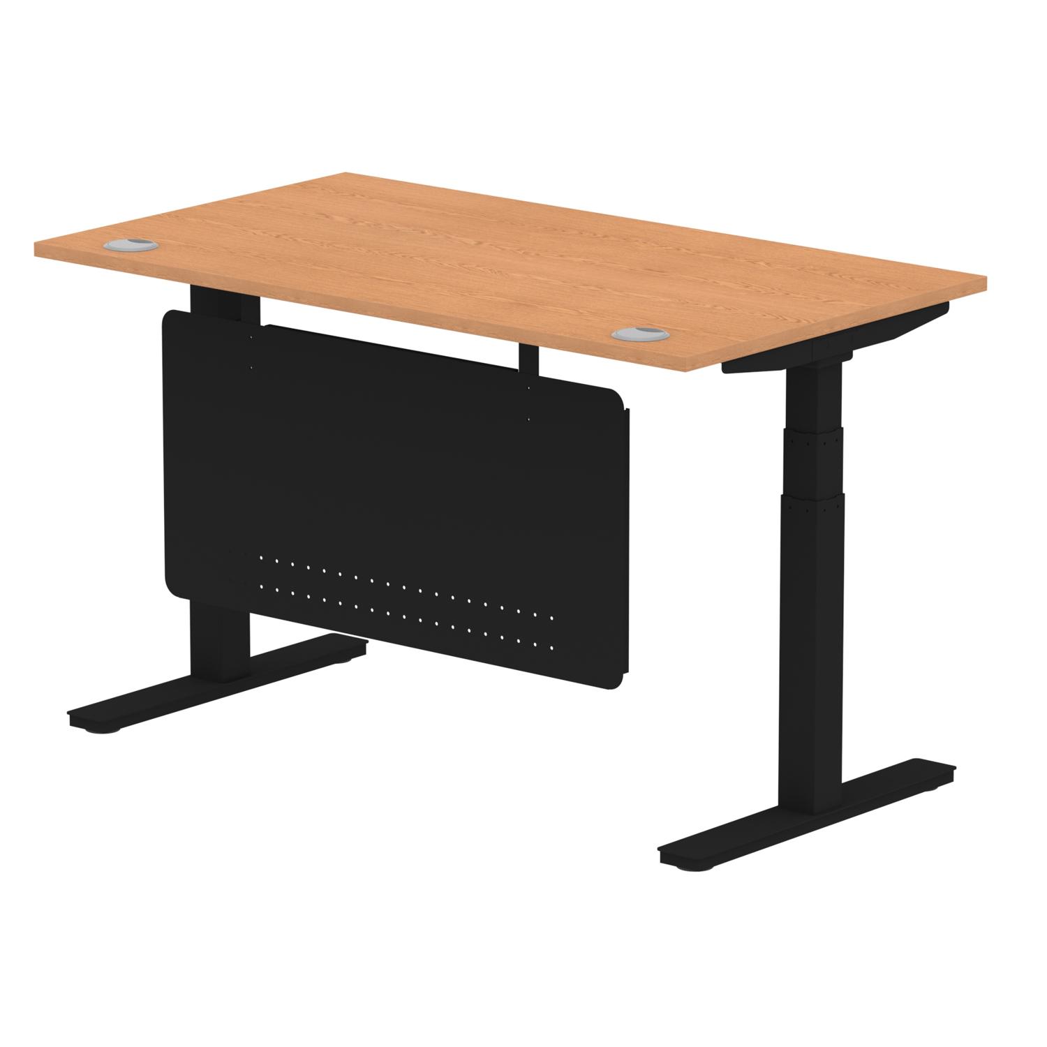 Air Modesty 1400 x 800mm Height Adjustable Office Desk Oak Top Cable Ports Black Leg With Black Steel Modesty Panel