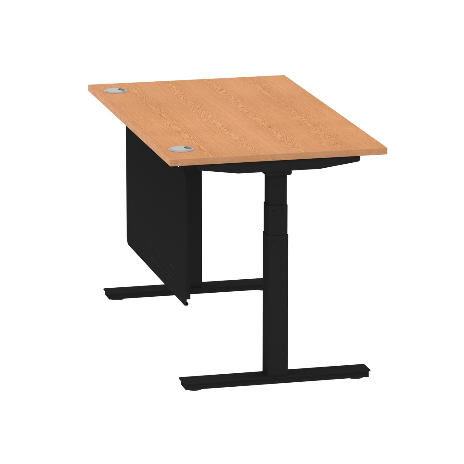 Air Modesty 1400 x 800mm Height Adjustable Office Desk Oak Top Cable Ports Black Leg With Black Steel Modesty Panel