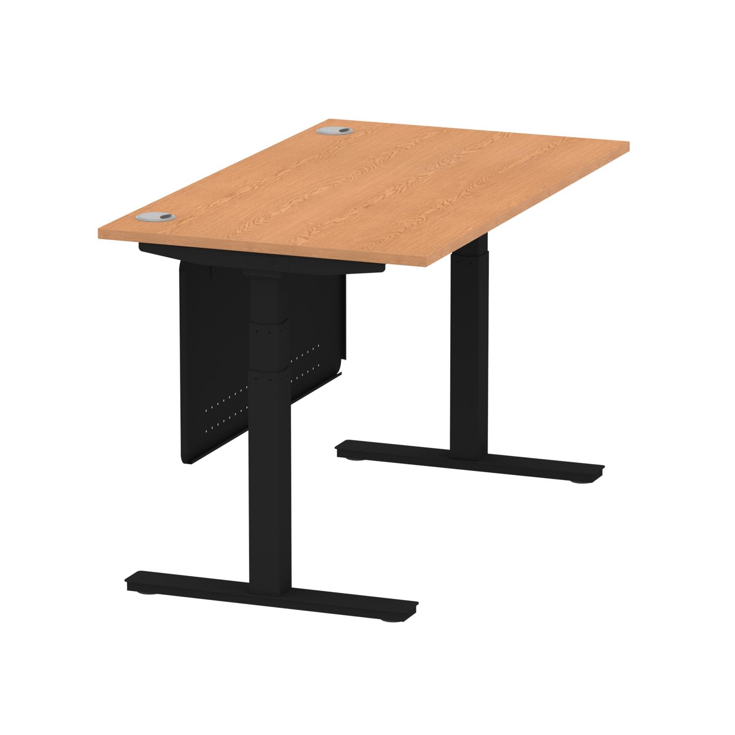 Air Modesty 1400 x 800mm Height Adjustable Office Desk Oak Top Cable Ports Black Leg With Black Steel Modesty Panel
