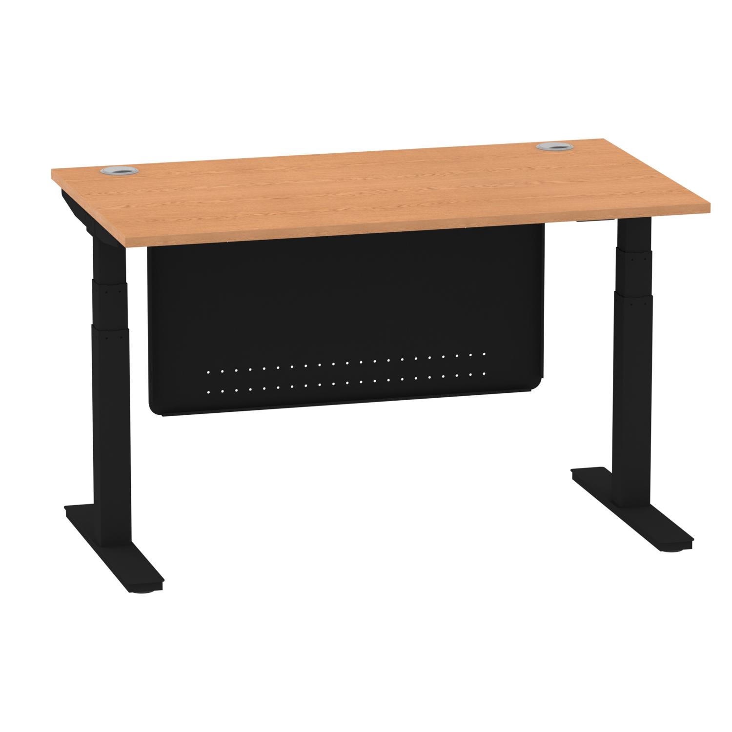 Air Modesty 1400 x 800mm Height Adjustable Office Desk Oak Top Cable Ports Black Leg With Black Steel Modesty Panel