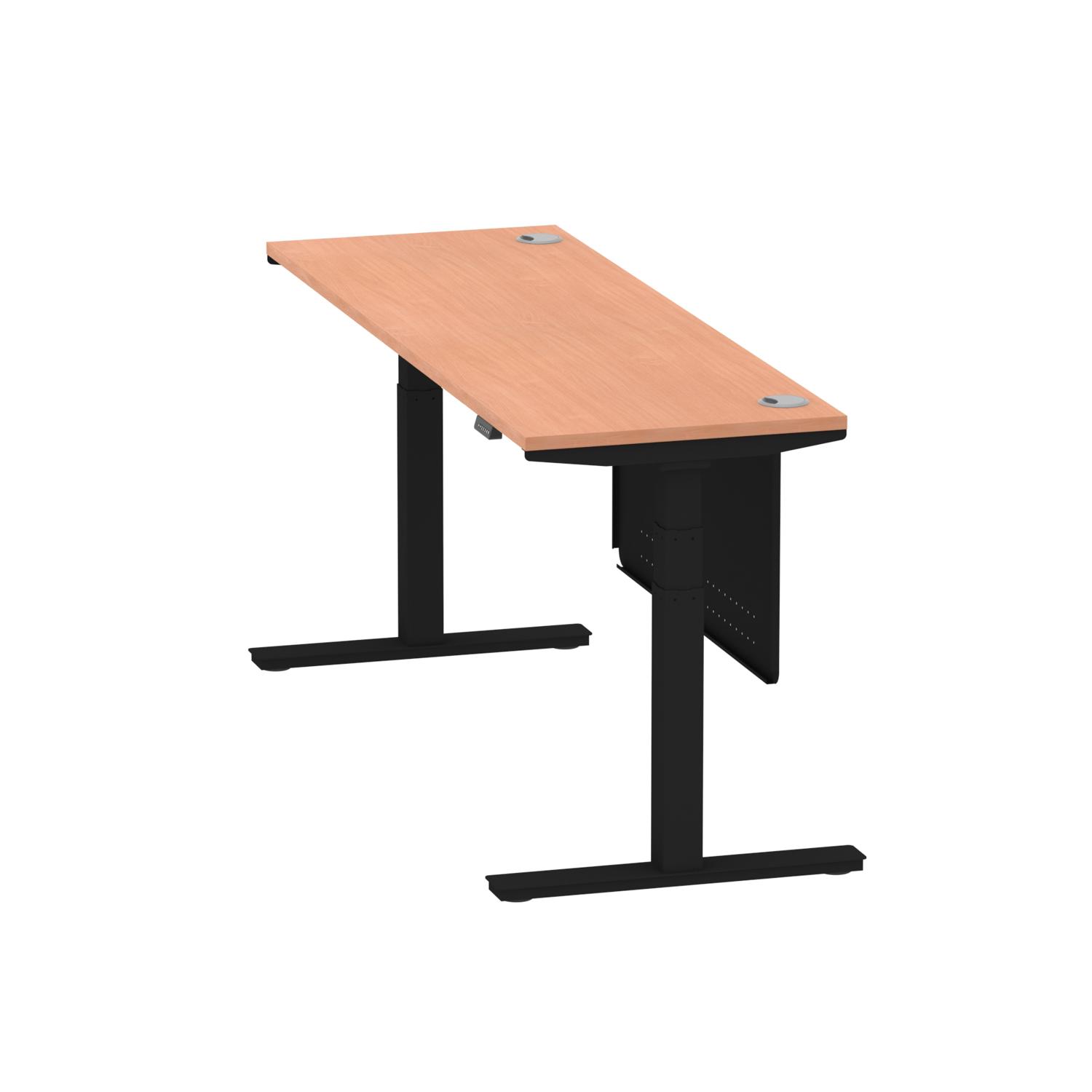 Air Modesty 1800 x 600mm Height Adjustable Office Desk Beech Top Cable Ports Black Leg With Black Steel Modesty Panel