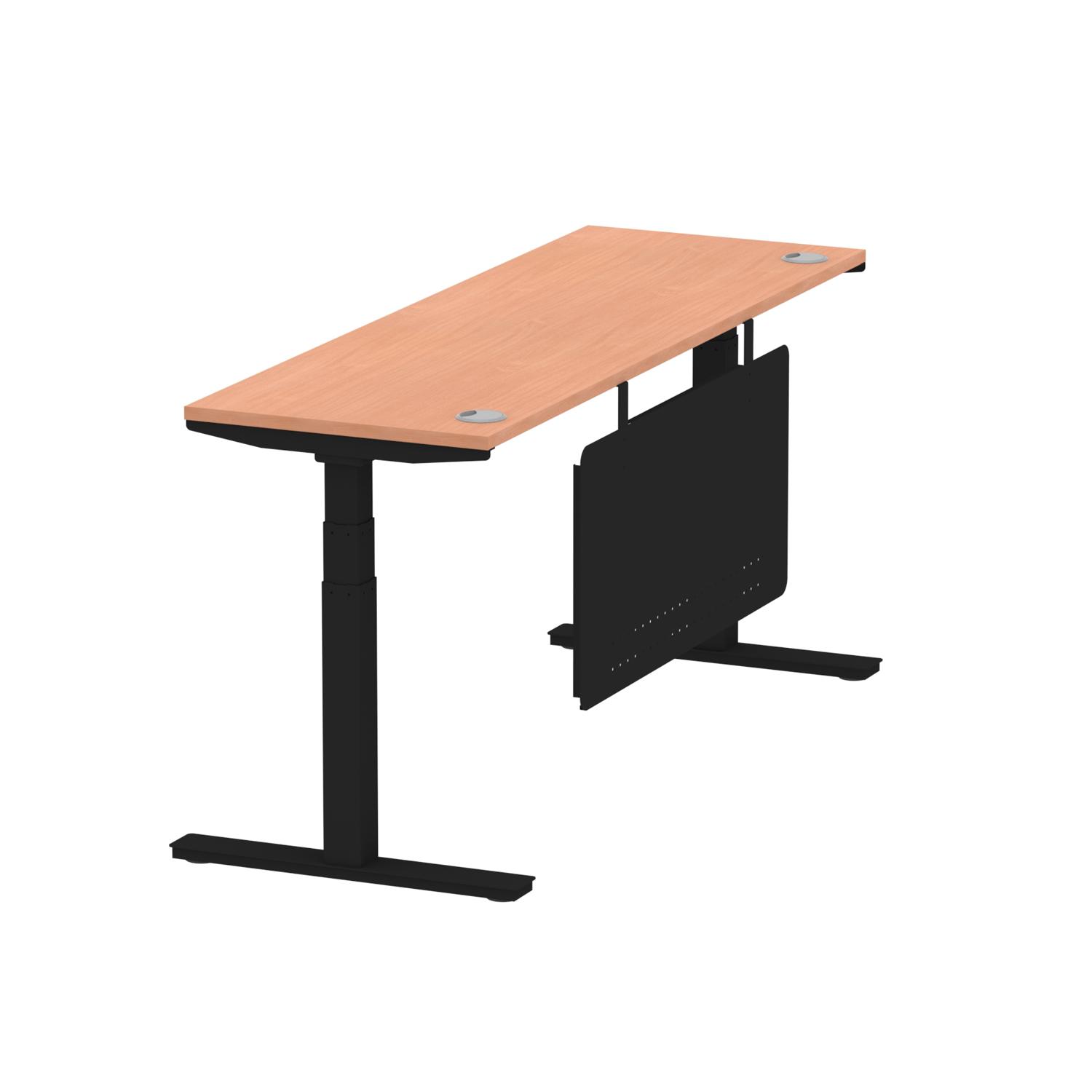 Air Modesty 1800 x 600mm Height Adjustable Office Desk Beech Top Cable Ports Black Leg With Black Steel Modesty Panel