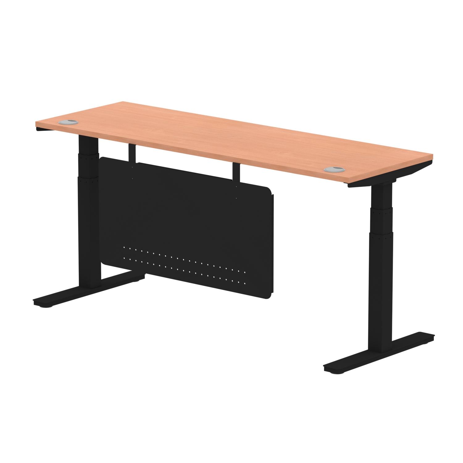 Air Modesty 1800 x 600mm Height Adjustable Office Desk Beech Top Cable Ports Black Leg With Black Steel Modesty Panel
