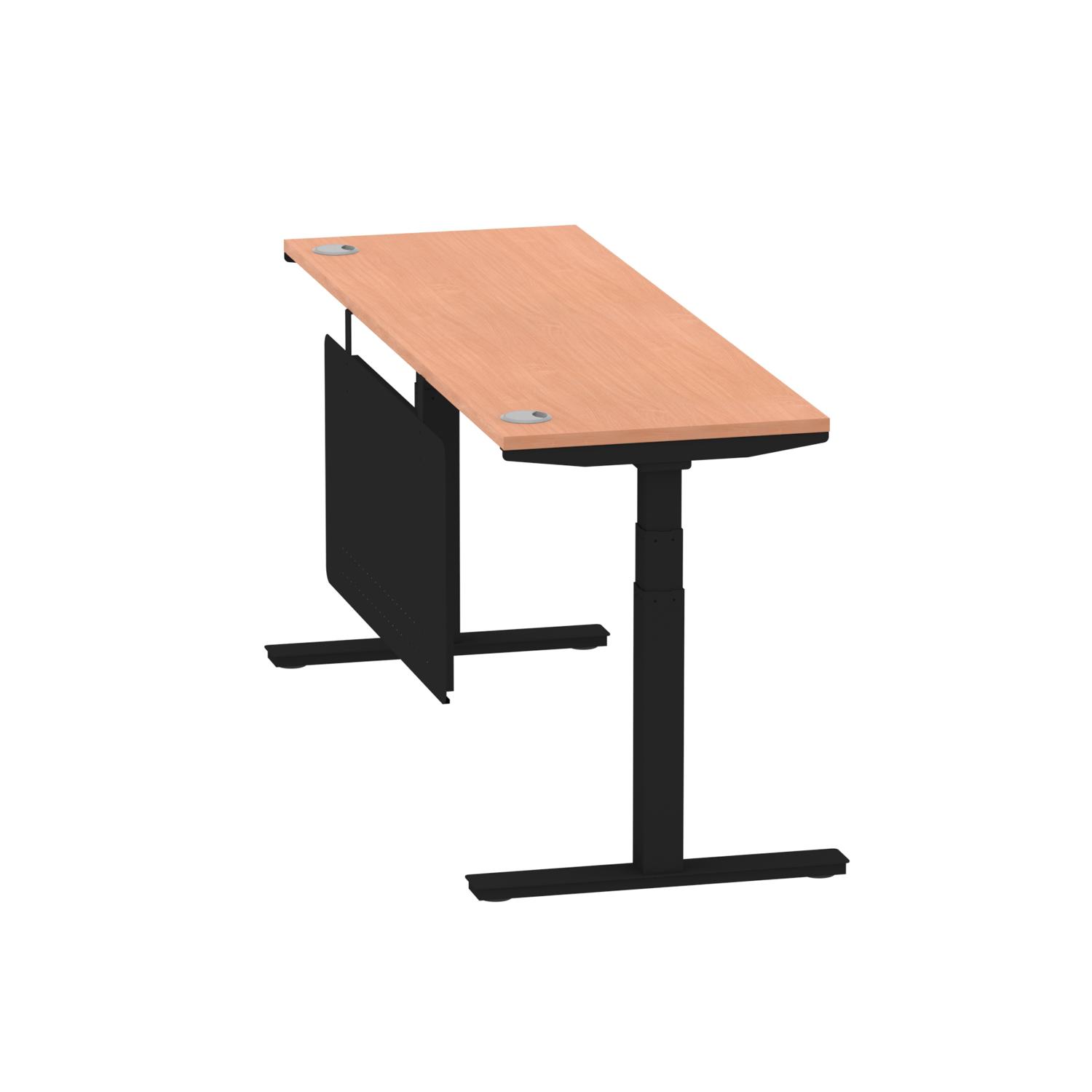 Air Modesty 1800 x 600mm Height Adjustable Office Desk Beech Top Cable Ports Black Leg With Black Steel Modesty Panel