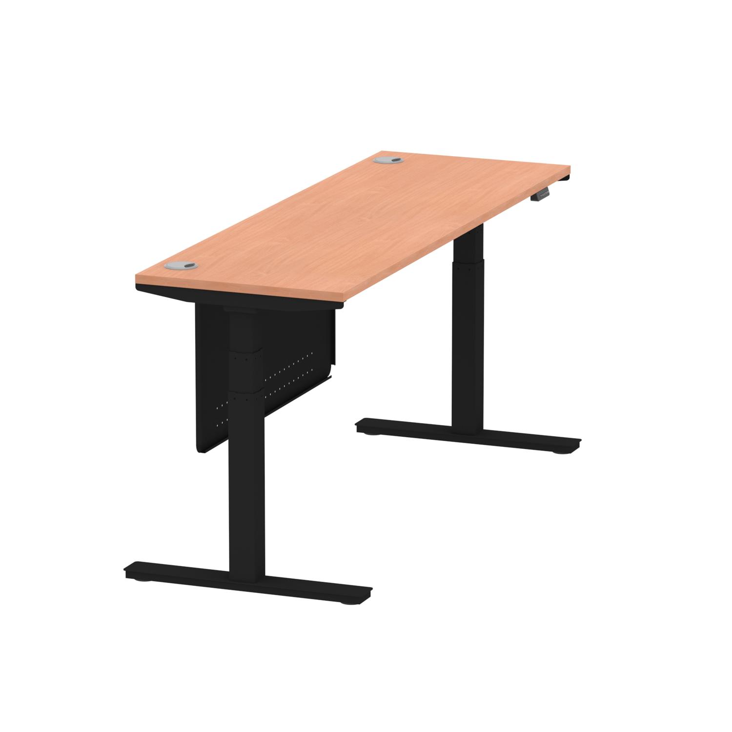 Air Modesty 1800 x 600mm Height Adjustable Office Desk Beech Top Cable Ports Black Leg With Black Steel Modesty Panel
