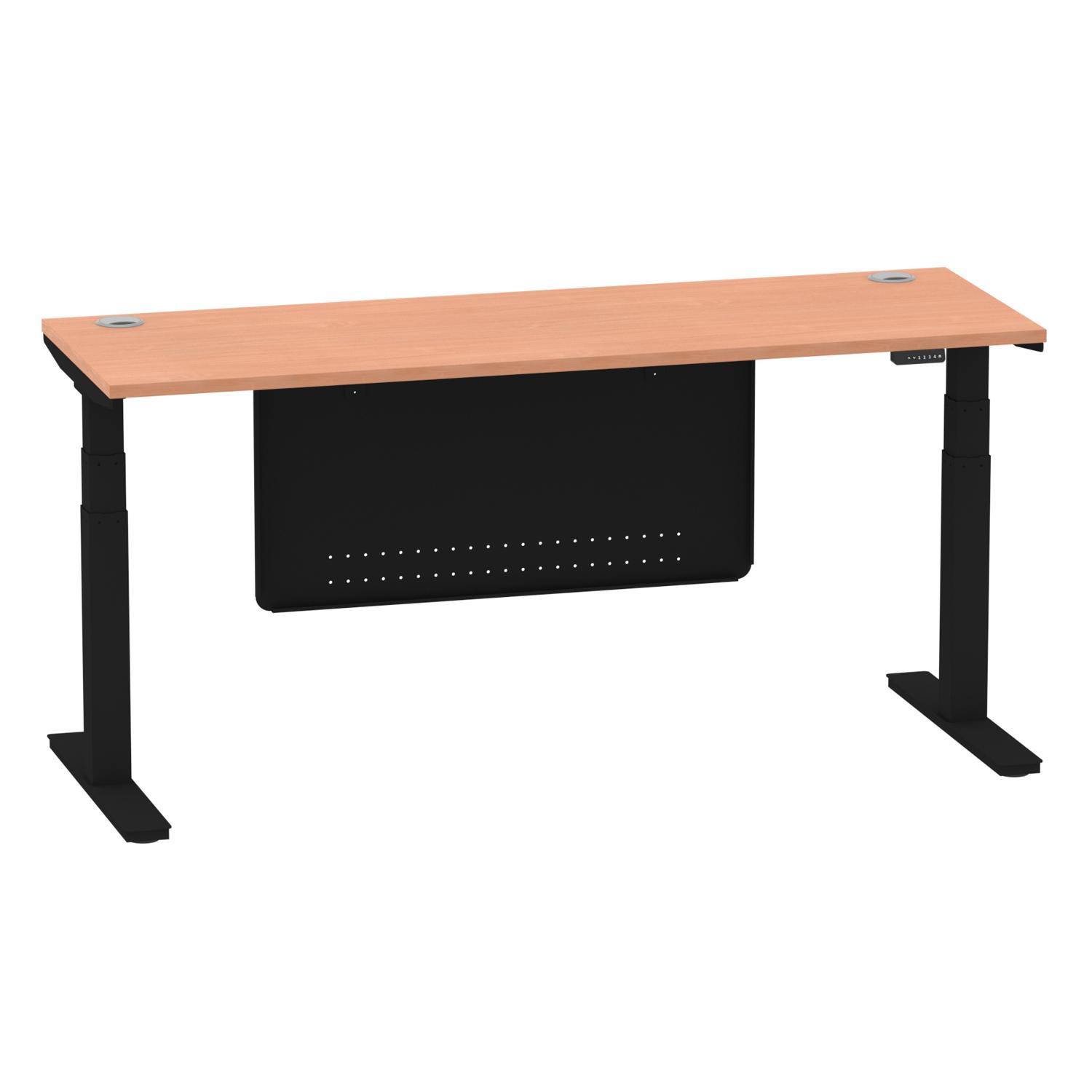 Air Modesty 1800 x 600mm Height Adjustable Office Desk Beech Top Cable Ports Black Leg With Black Steel Modesty Panel
