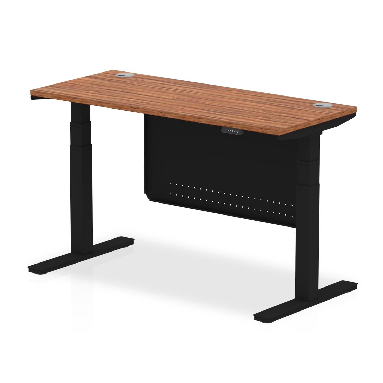 Air Modesty 1400 x 600mm Height Adjustable Office Desk Walnut Top Cable Ports Black Leg With Black Steel Modesty Panel Air Modesty 1400 x 600mm Height Adjustable Office Desk Walnut Top Cable Ports Black Leg With Black Steel Modesty Panel