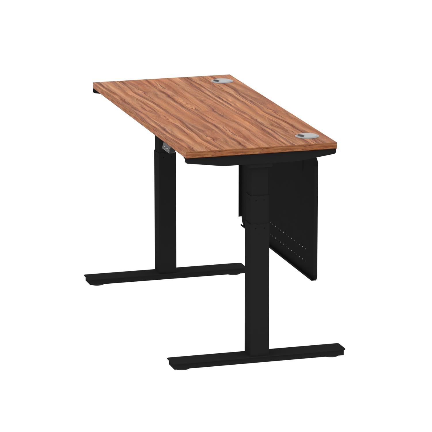 Air Modesty 1400 x 600mm Height Adjustable Office Desk Walnut Top Cable Ports Black Leg With Black Steel Modesty Panel Air Modesty 1400 x 600mm Height Adjustable Office Desk Walnut Top Cable Ports Black Leg With Black Steel Modesty Panel