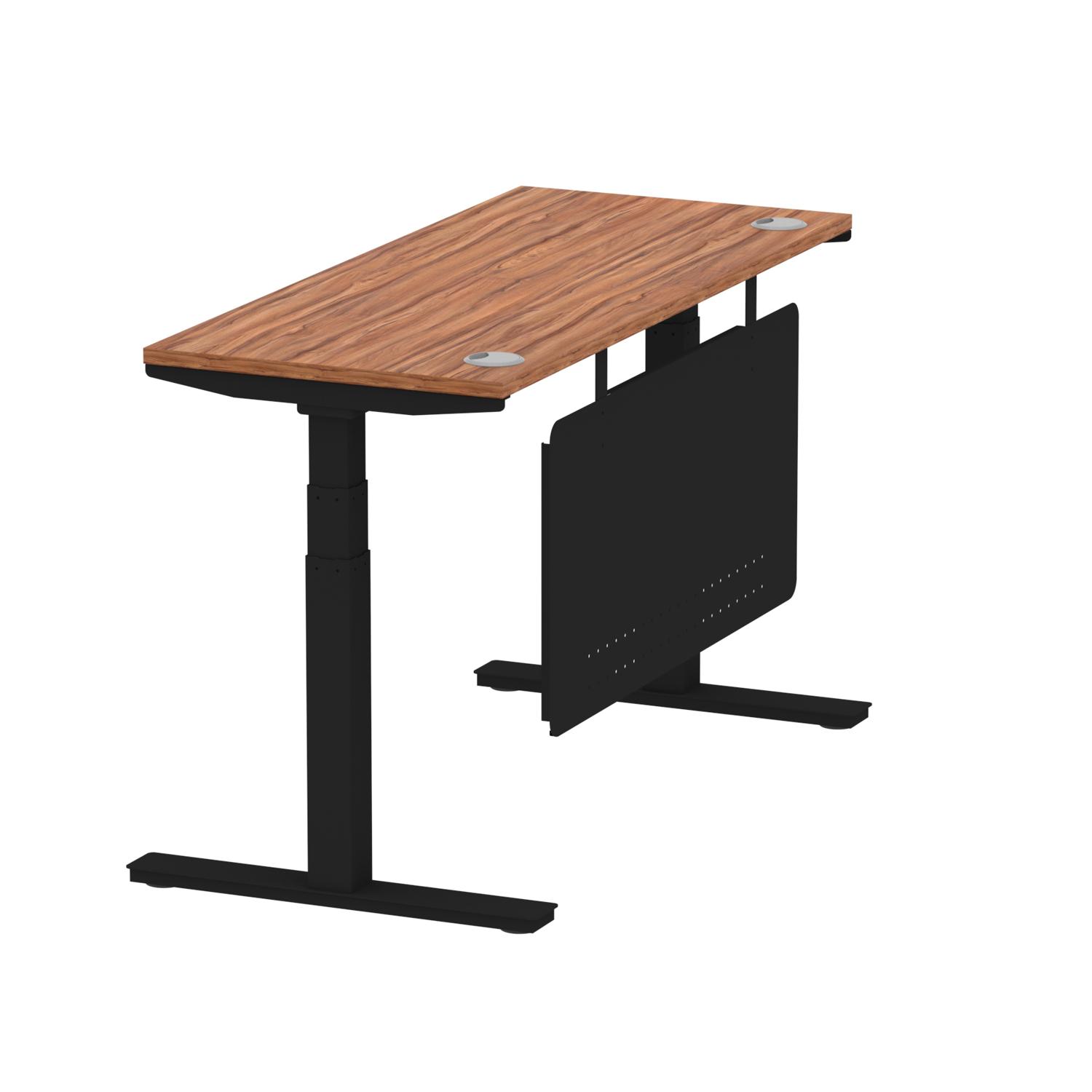Air Modesty 1400 x 600mm Height Adjustable Office Desk Walnut Top Cable Ports Black Leg With Black Steel Modesty Panel Air Modesty 1400 x 600mm Height Adjustable Office Desk Walnut Top Cable Ports Black Leg With Black Steel Modesty Panel