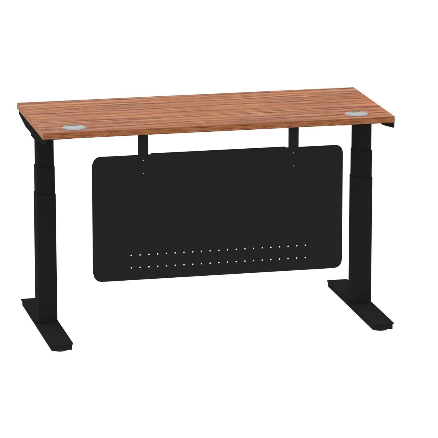Air Modesty 1400 x 600mm Height Adjustable Office Desk Walnut Top Cable Ports Black Leg With Black Steel Modesty Panel Air Modesty 1400 x 600mm Height Adjustable Office Desk Walnut Top Cable Ports Black Leg With Black Steel Modesty Panel