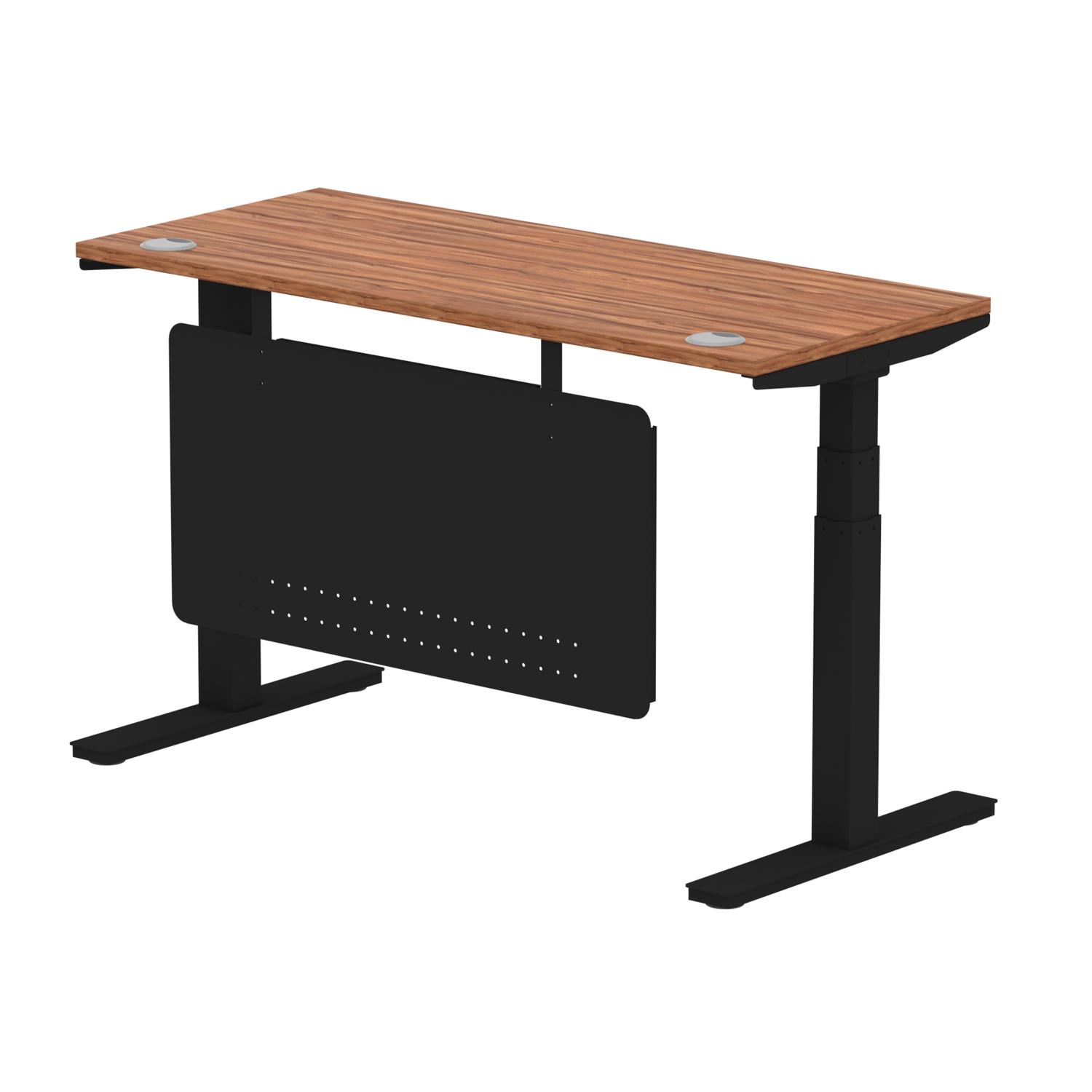 Air Modesty 1400 x 600mm Height Adjustable Office Desk Walnut Top Cable Ports Black Leg With Black Steel Modesty Panel Air Modesty 1400 x 600mm Height Adjustable Office Desk Walnut Top Cable Ports Black Leg With Black Steel Modesty Panel