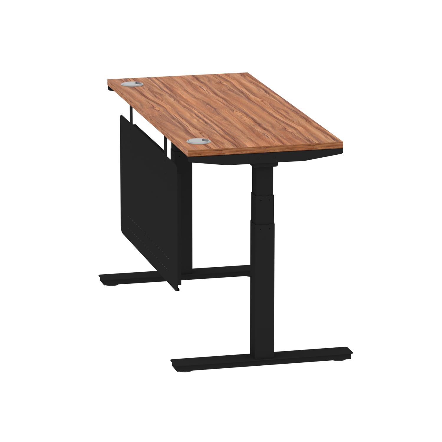 Air Modesty 1400 x 600mm Height Adjustable Office Desk Walnut Top Cable Ports Black Leg With Black Steel Modesty Panel Air Modesty 1400 x 600mm Height Adjustable Office Desk Walnut Top Cable Ports Black Leg With Black Steel Modesty Panel