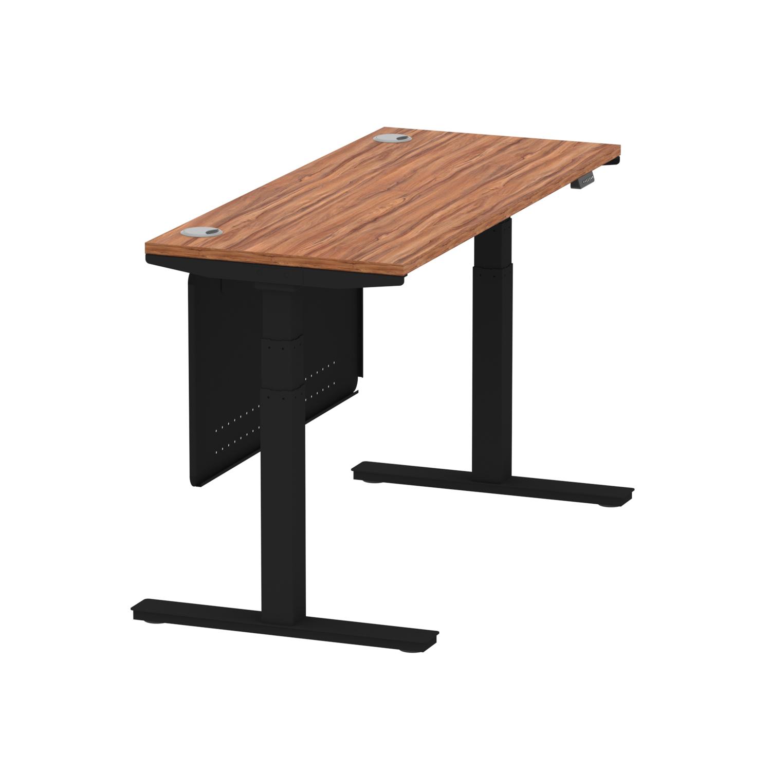 Air Modesty 1400 x 600mm Height Adjustable Office Desk Walnut Top Cable Ports Black Leg With Black Steel Modesty Panel Air Modesty 1400 x 600mm Height Adjustable Office Desk Walnut Top Cable Ports Black Leg With Black Steel Modesty Panel