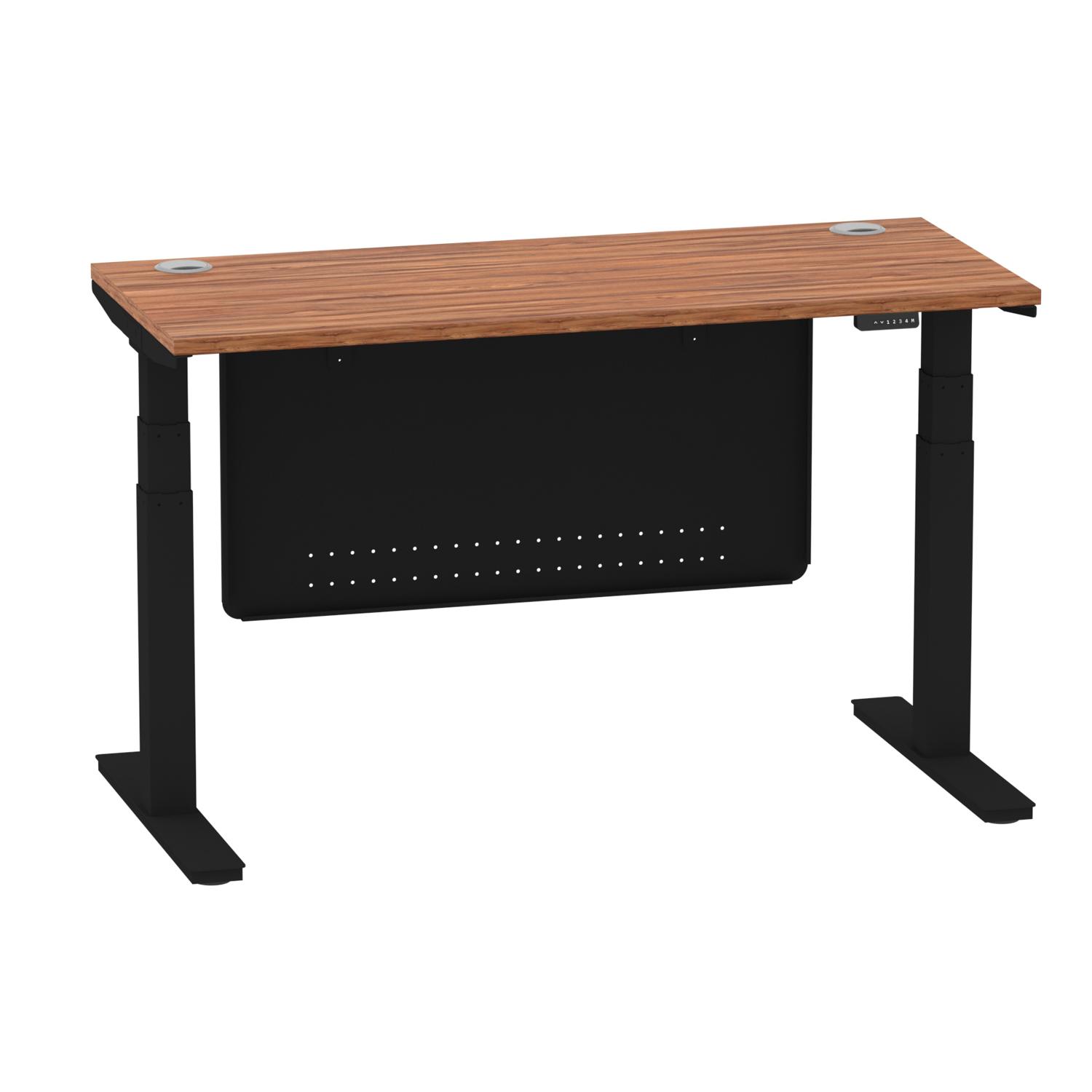 Air Modesty 1400 x 600mm Height Adjustable Office Desk Walnut Top Cable Ports Black Leg With Black Steel Modesty Panel Air Modesty 1400 x 600mm Height Adjustable Office Desk Walnut Top Cable Ports Black Leg With Black Steel Modesty Panel