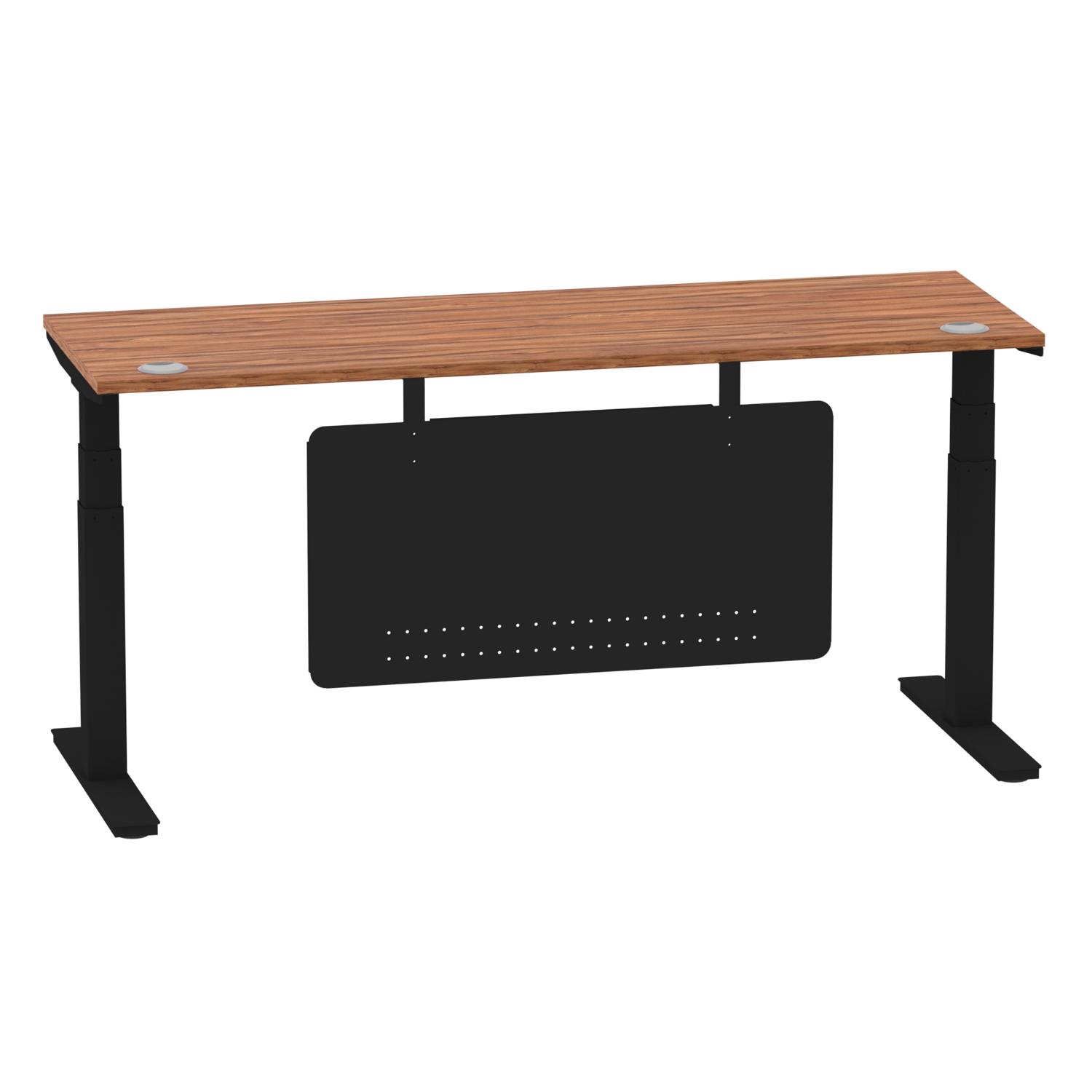 Air Modesty 1800 x 600mm Height Adjustable Office Desk Walnut Top Cable Ports Black Leg With Black Steel Modesty Panel