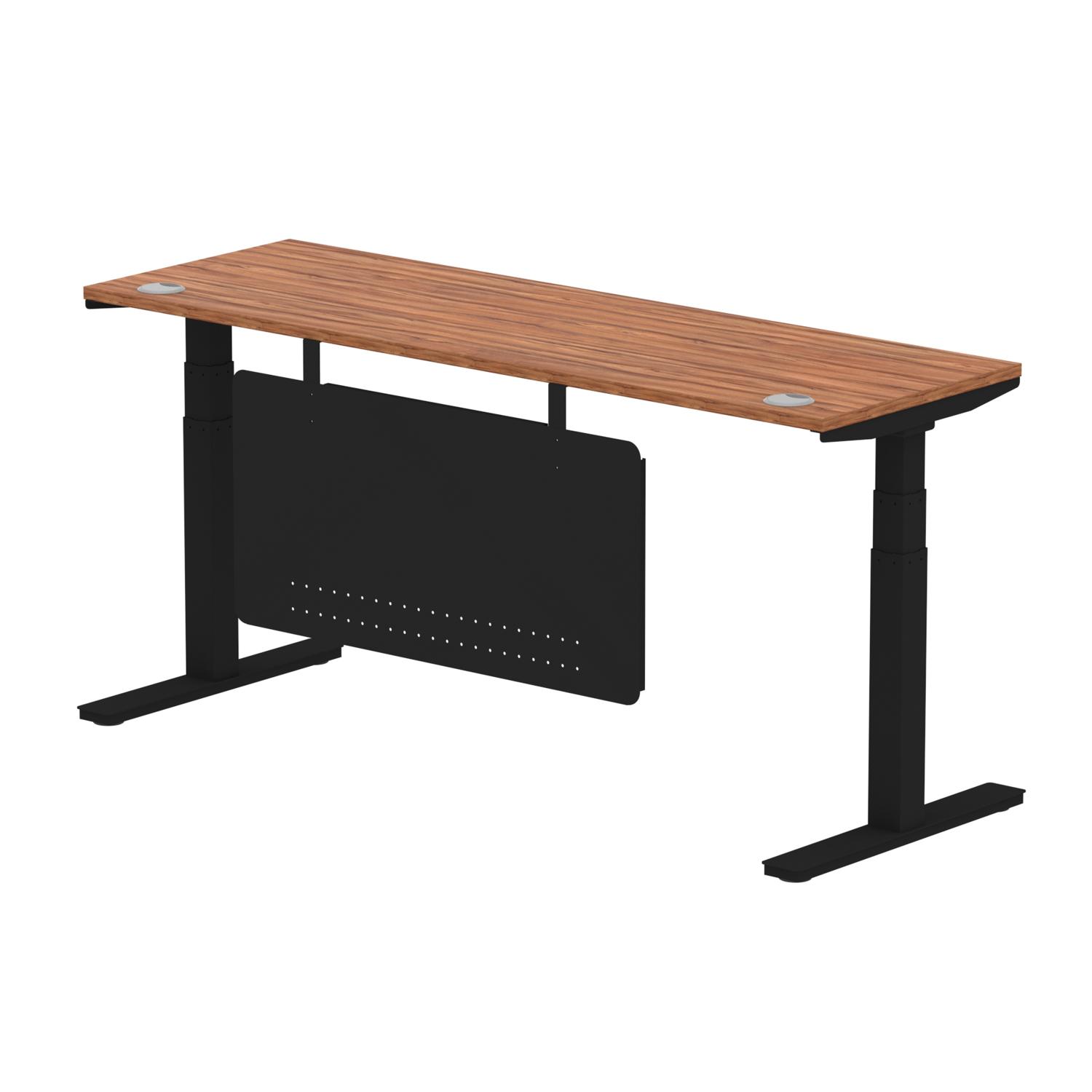 Air Modesty 1800 x 600mm Height Adjustable Office Desk Walnut Top Cable Ports Black Leg With Black Steel Modesty Panel