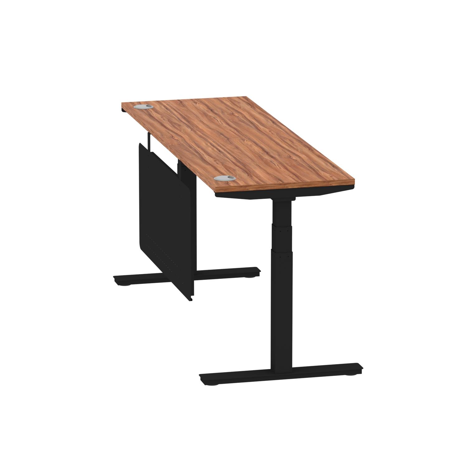 Air Modesty 1800 x 600mm Height Adjustable Office Desk Walnut Top Cable Ports Black Leg With Black Steel Modesty Panel