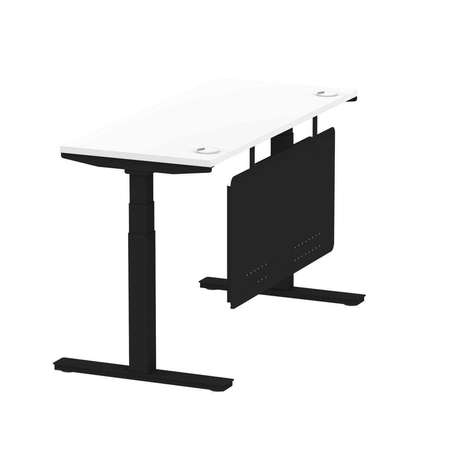 Air Modesty 1400 x 600mm Height Adjustable Office Desk White Top Cable Ports Black Leg With Black Steel Modesty Panel