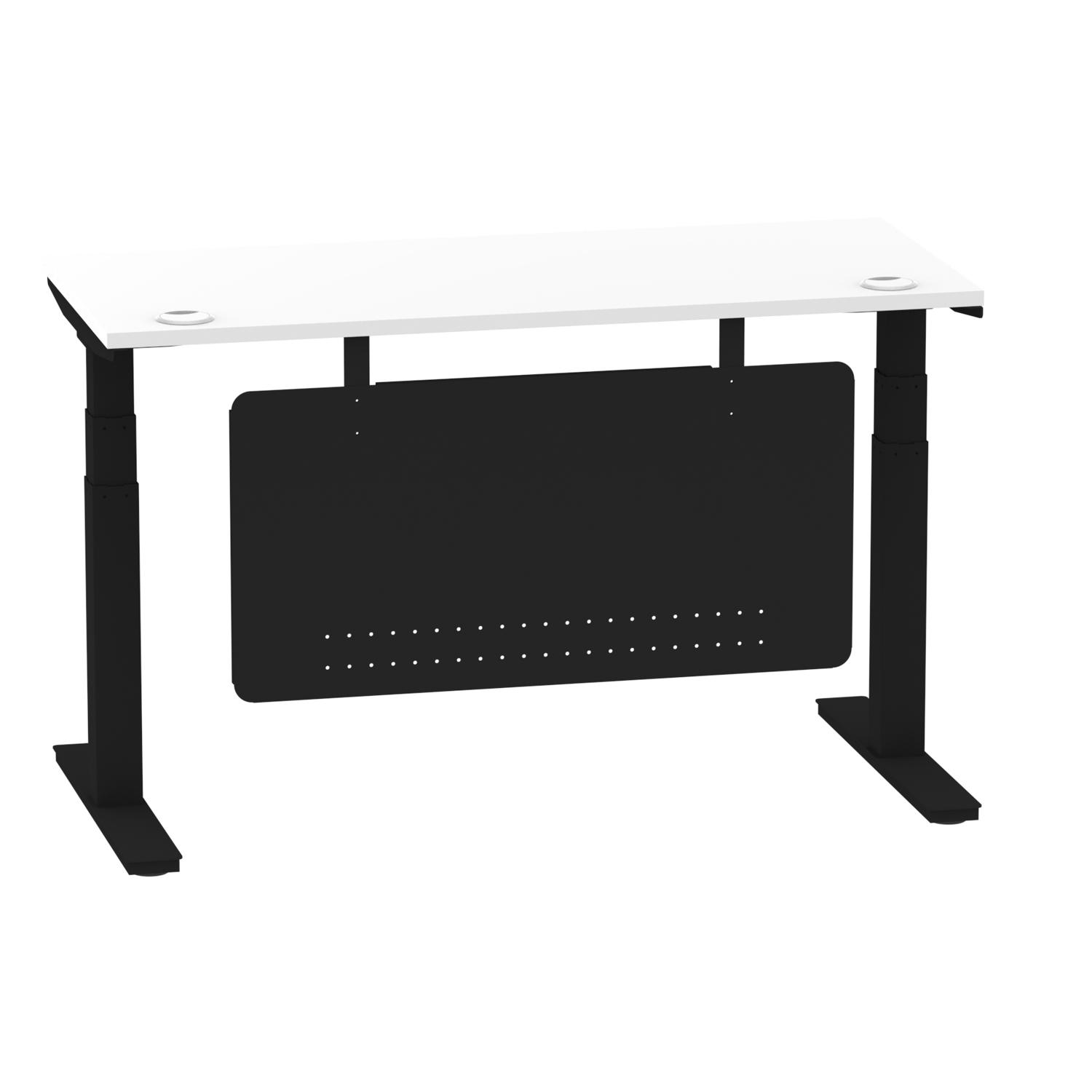 Air Modesty 1400 x 600mm Height Adjustable Office Desk White Top Cable Ports Black Leg With Black Steel Modesty Panel