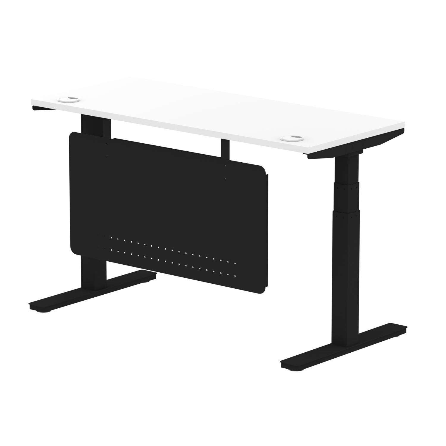 Air Modesty 1400 x 600mm Height Adjustable Office Desk White Top Cable Ports Black Leg With Black Steel Modesty Panel