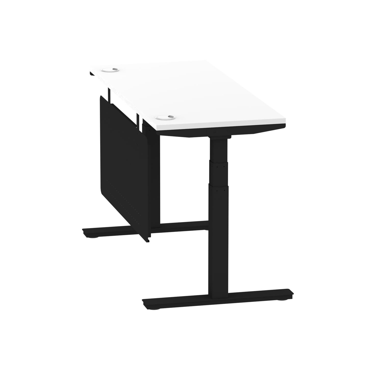 Air Modesty 1400 x 600mm Height Adjustable Office Desk White Top Cable Ports Black Leg With Black Steel Modesty Panel