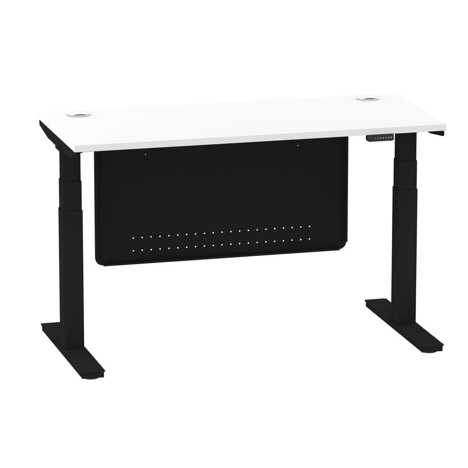 Air Modesty 1400 x 600mm Height Adjustable Office Desk White Top Cable Ports Black Leg With Black Steel Modesty Panel