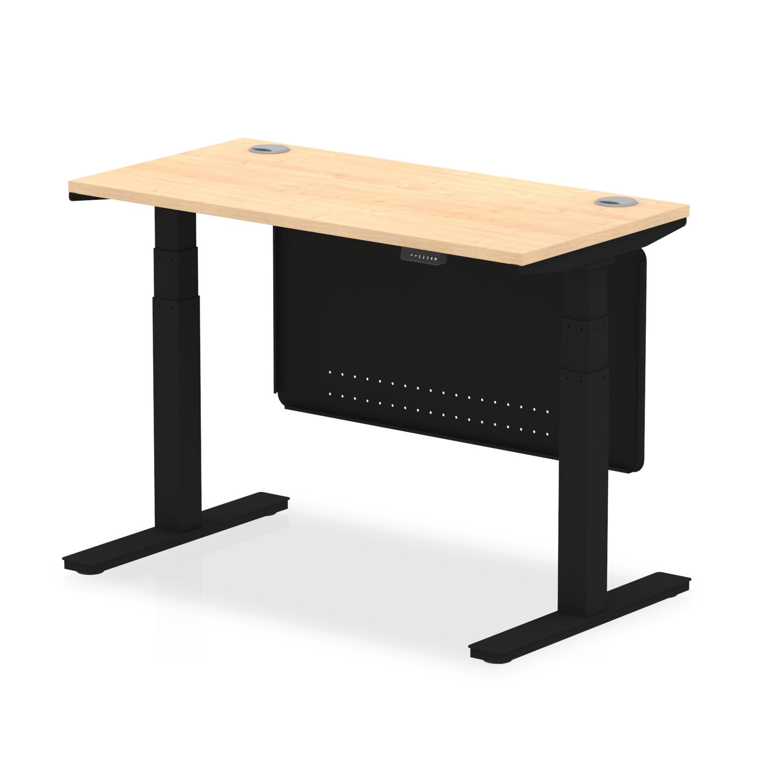 Air Modesty 1200 x 600mm Height Adjustable Office Desk Maple Top Cable Ports Black Leg With Black Steel Modesty Panel