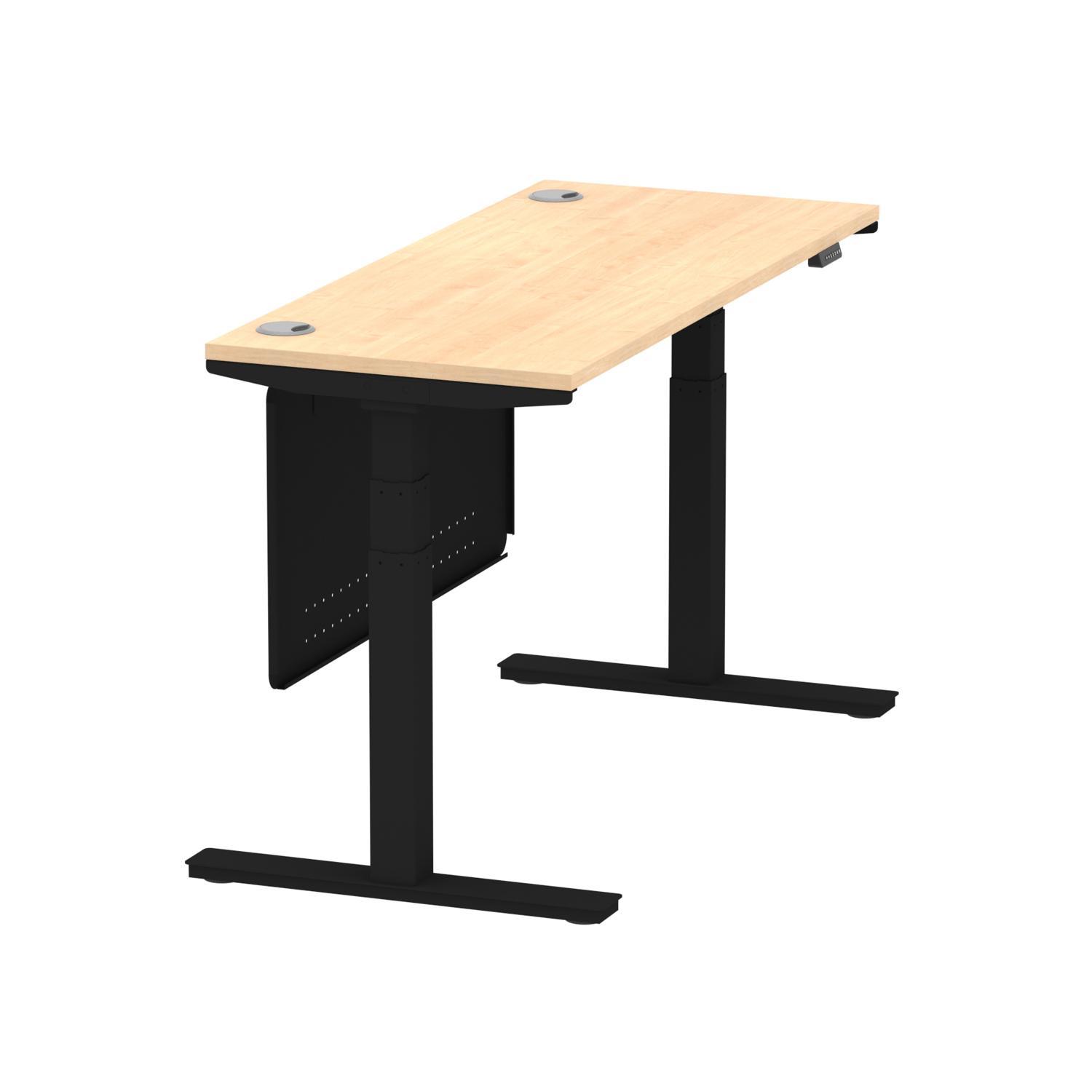 Air Modesty 1400 x 600mm Height Adjustable Office Desk Maple Top Cable Ports Black Leg With Black Steel Modesty Panel