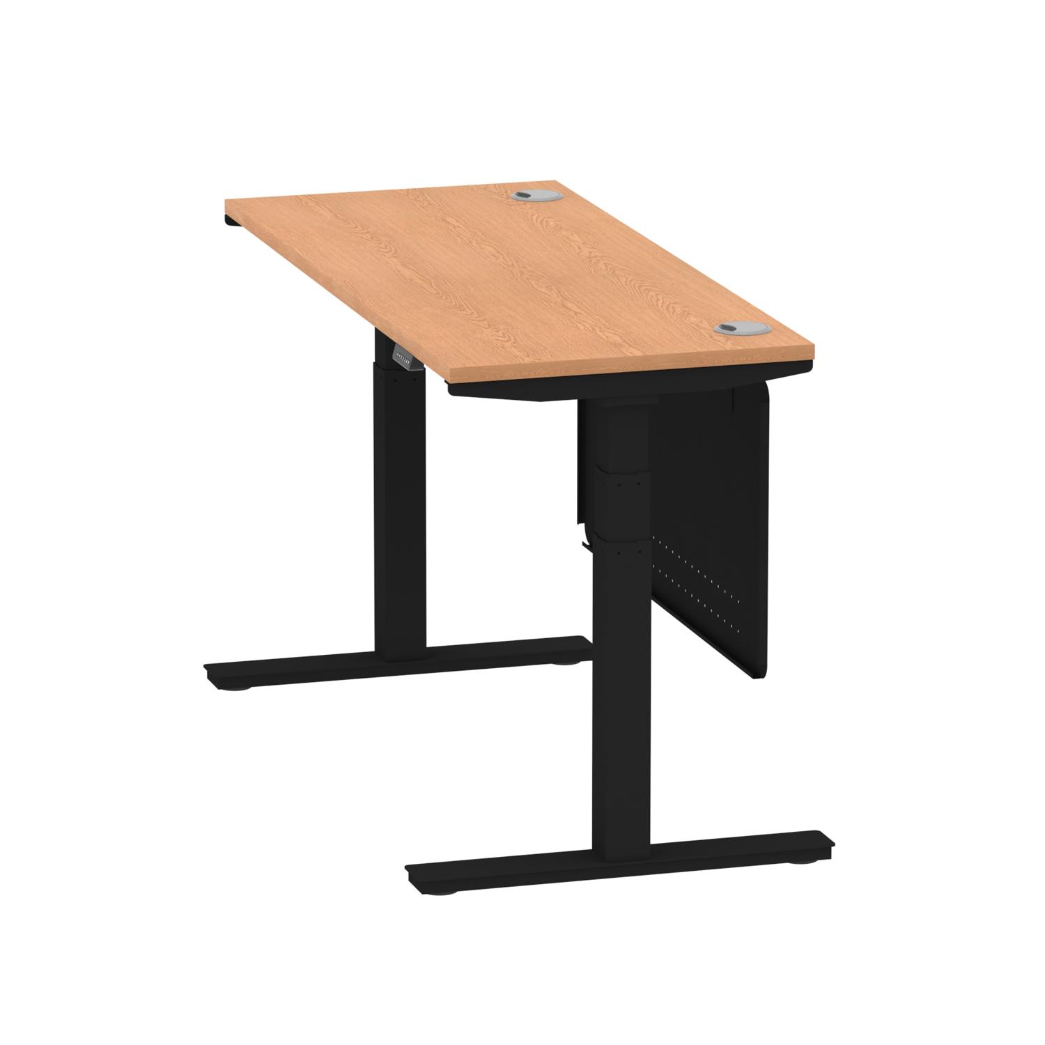 Air Modesty 1400 x 600mm Height Adjustable Office Desk Oak Top Cable Ports Black Leg With Black Steel Modesty Panel