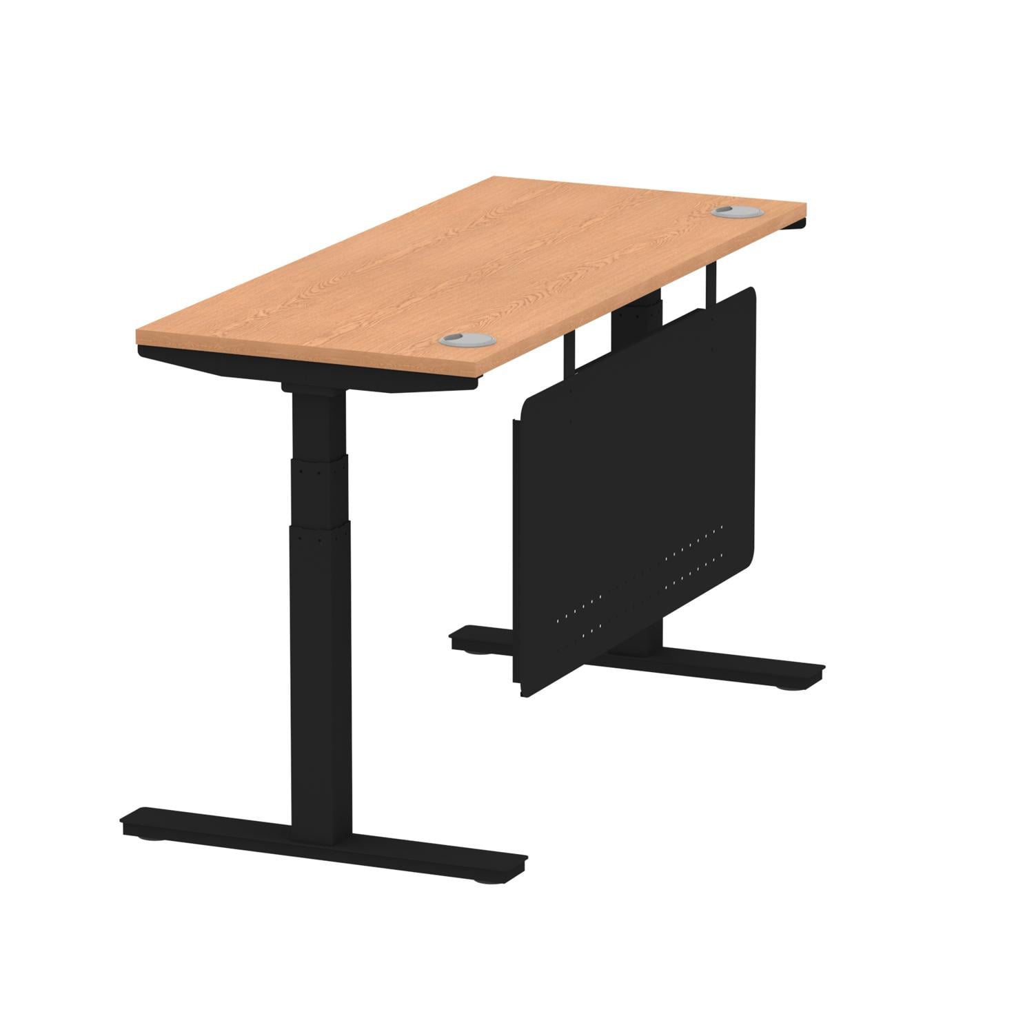Air Modesty 1400 x 600mm Height Adjustable Office Desk Oak Top Cable Ports Black Leg With Black Steel Modesty Panel