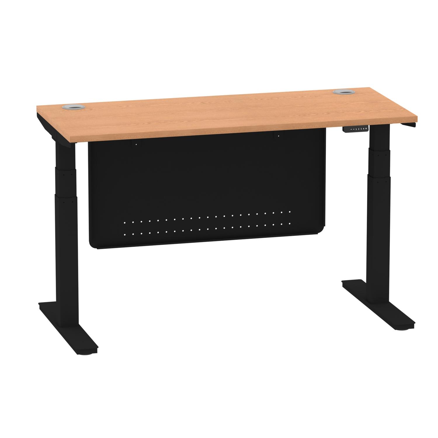 Air Modesty 1400 x 600mm Height Adjustable Office Desk Oak Top Cable Ports Black Leg With Black Steel Modesty Panel