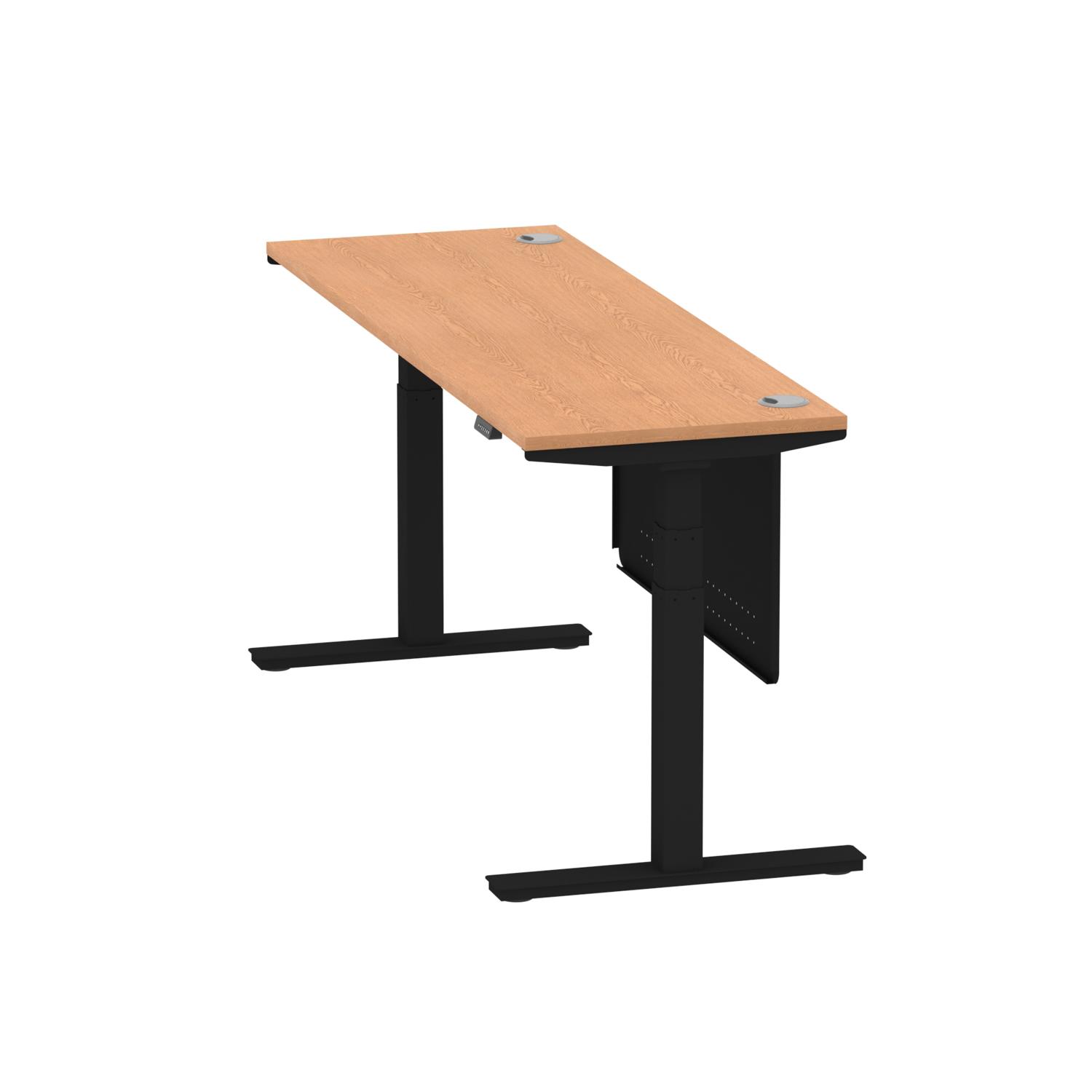Air Modesty 1800 x 600mm Height Adjustable Office Desk Oak Top Cable Ports Black Leg With Black Steel Modesty Panel