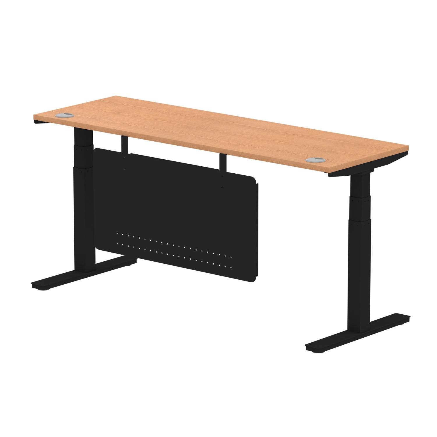 Air Modesty 1800 x 600mm Height Adjustable Office Desk Oak Top Cable Ports Black Leg With Black Steel Modesty Panel