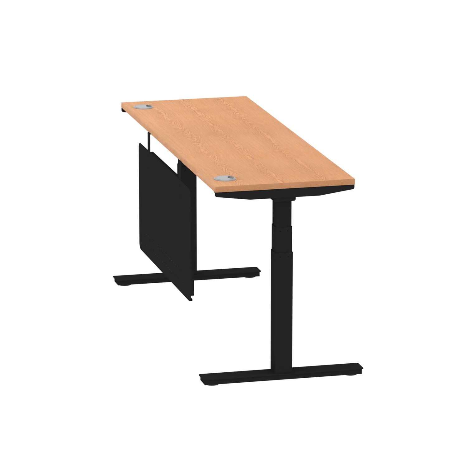 Air Modesty 1800 x 600mm Height Adjustable Office Desk Oak Top Cable Ports Black Leg With Black Steel Modesty Panel