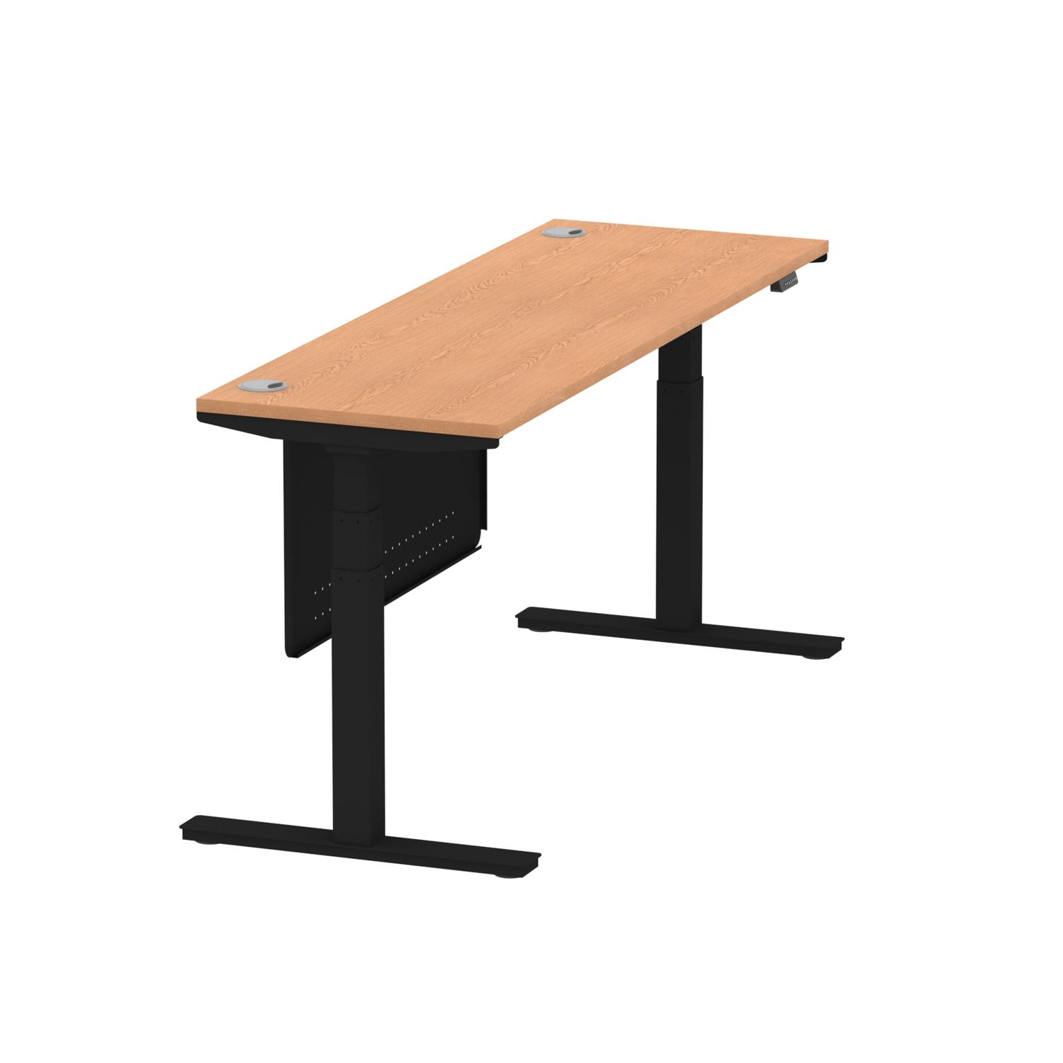 Air Modesty 1800 x 600mm Height Adjustable Office Desk Oak Top Cable Ports Black Leg With Black Steel Modesty Panel