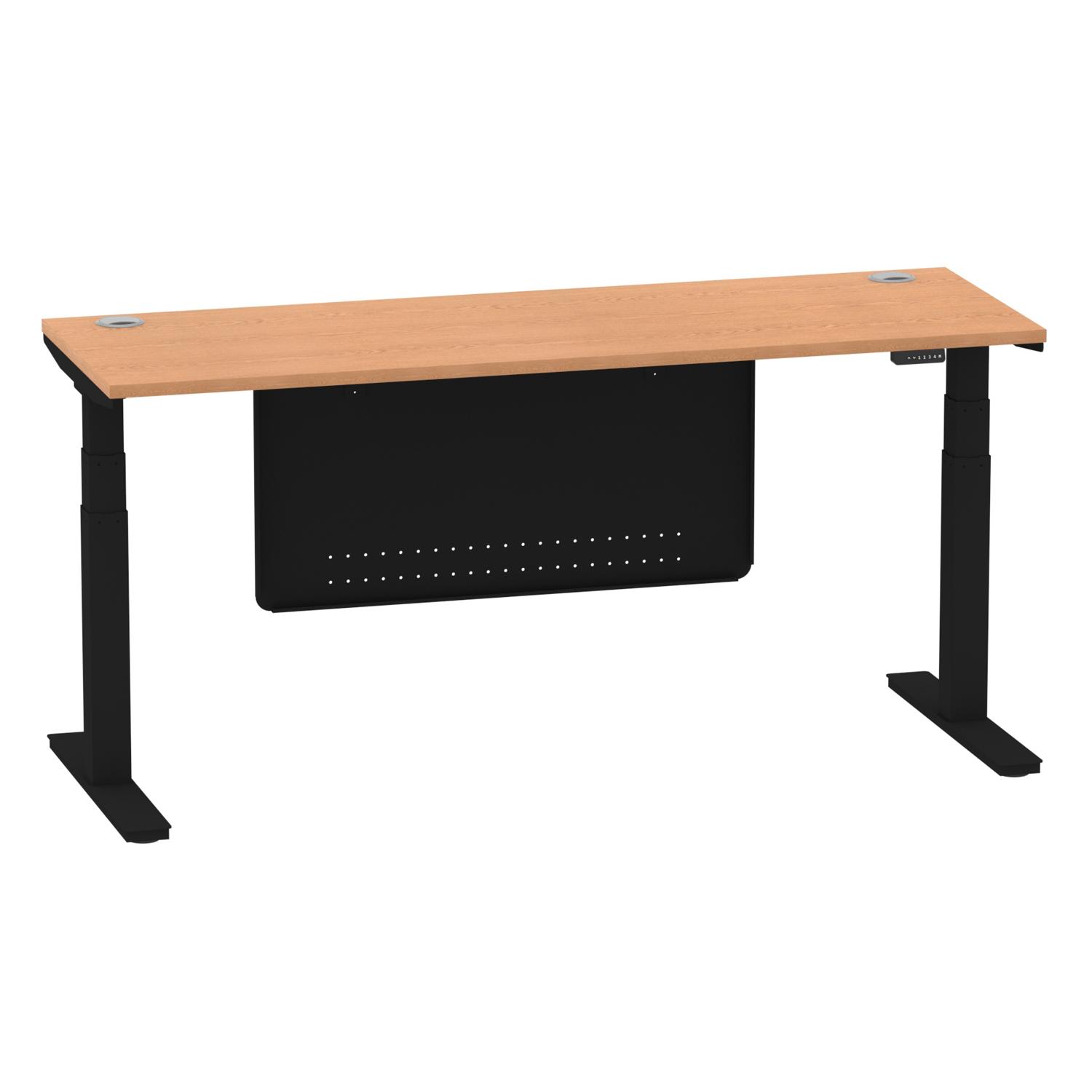 Air Modesty 1800 x 600mm Height Adjustable Office Desk Oak Top Cable Ports Black Leg With Black Steel Modesty Panel