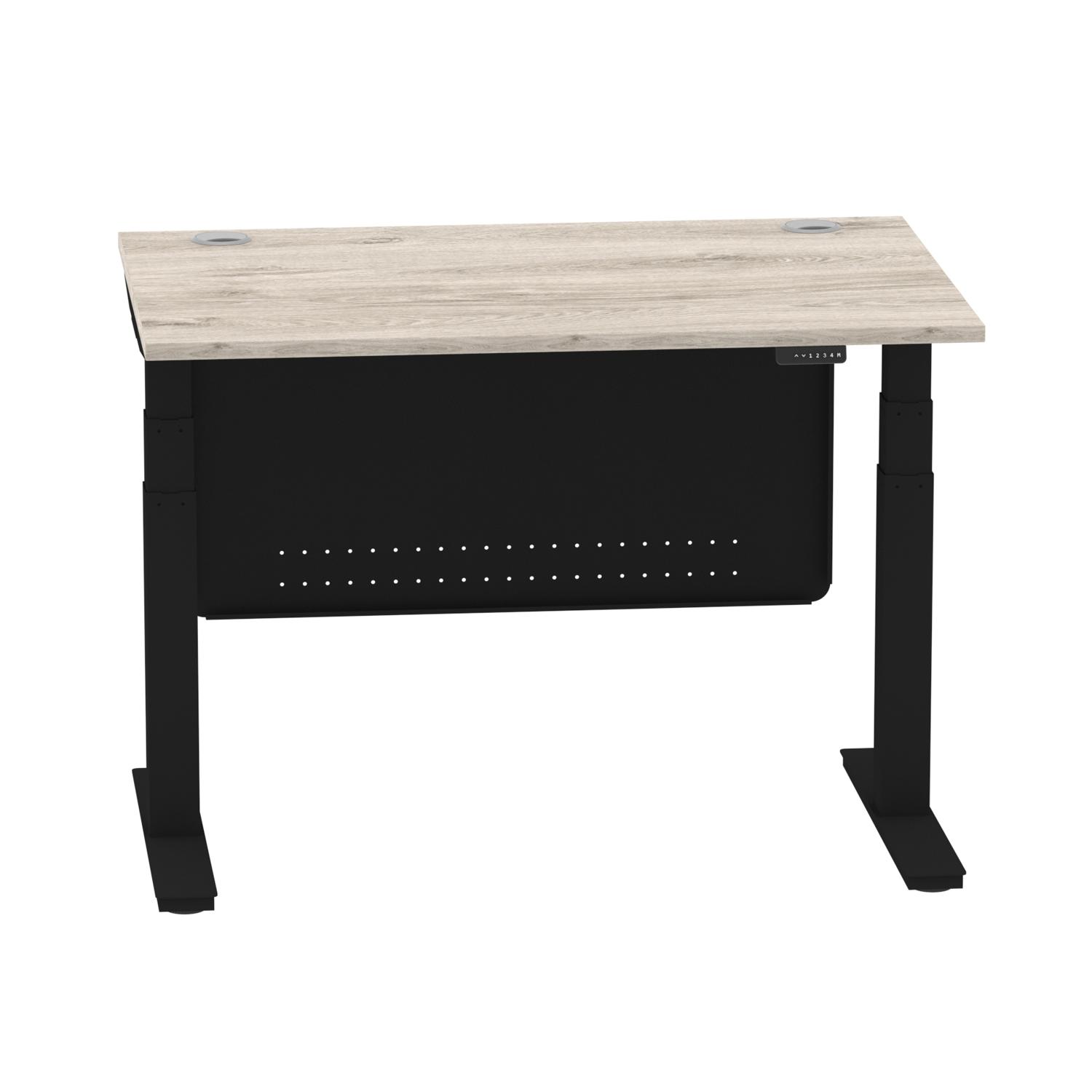 Air Modesty 1200 x 800mm Height Adjustable Office Desk Grey Oak Top Cable Ports Black Leg With Black Steel Modesty Panel