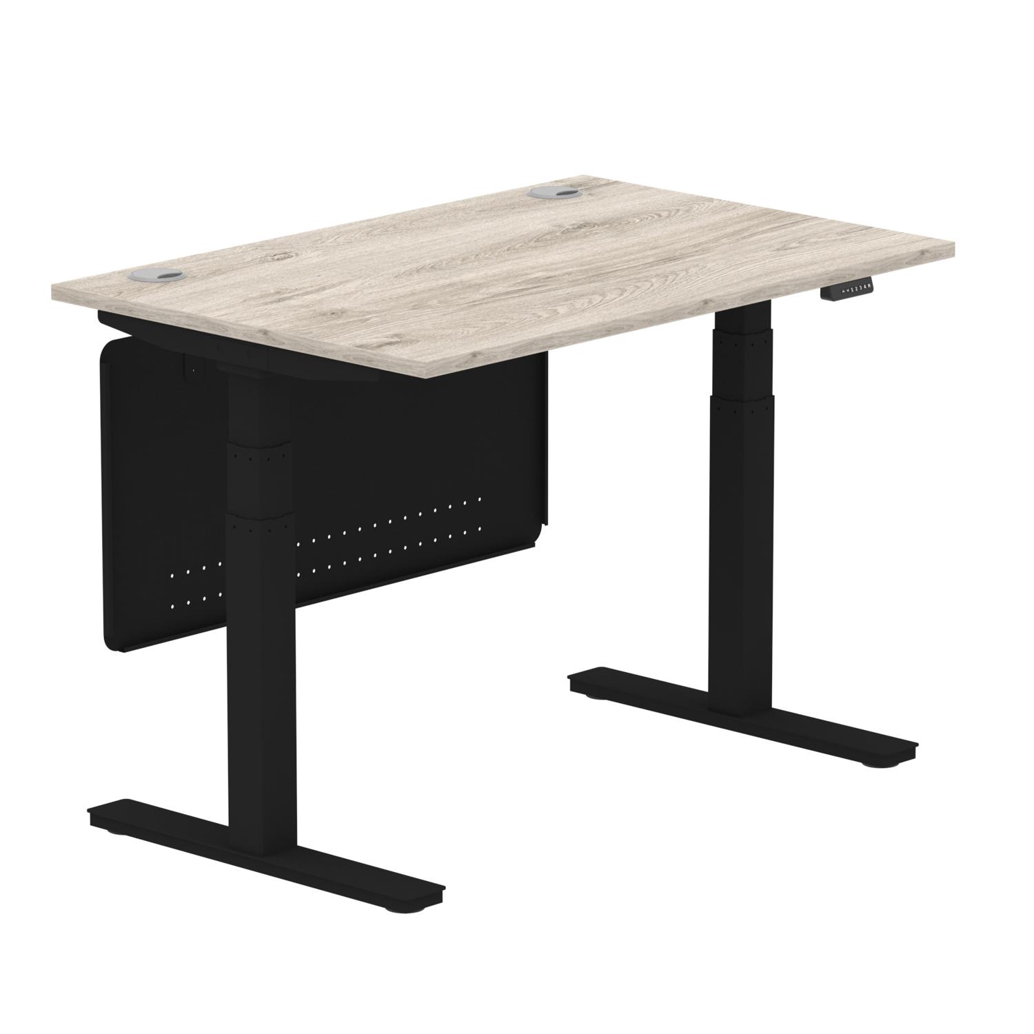 Air Modesty 1200 x 800mm Height Adjustable Office Desk Grey Oak Top Cable Ports Black Leg With Black Steel Modesty Panel