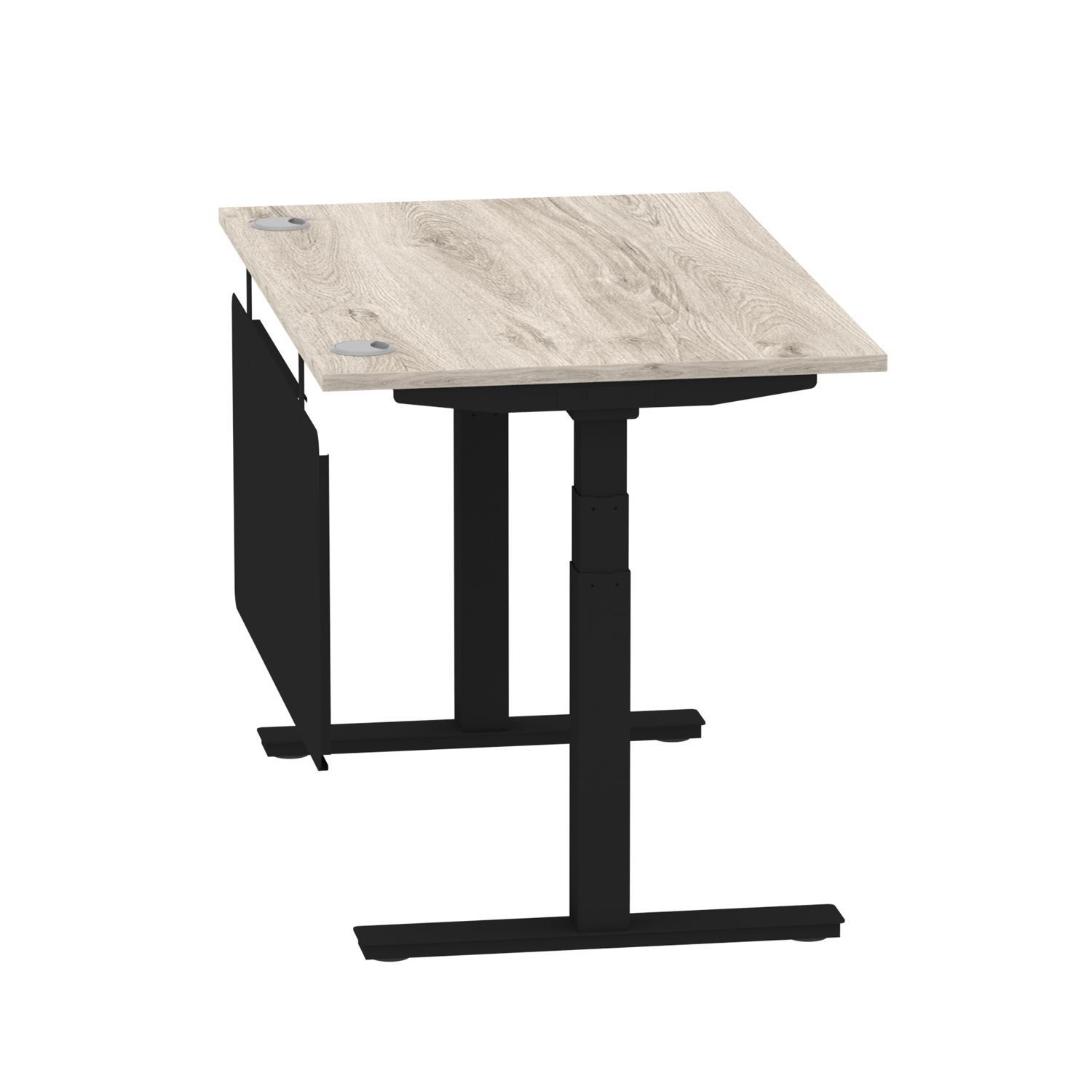 Air Modesty 1200 x 800mm Height Adjustable Office Desk Grey Oak Top Cable Ports Black Leg With Black Steel Modesty Panel